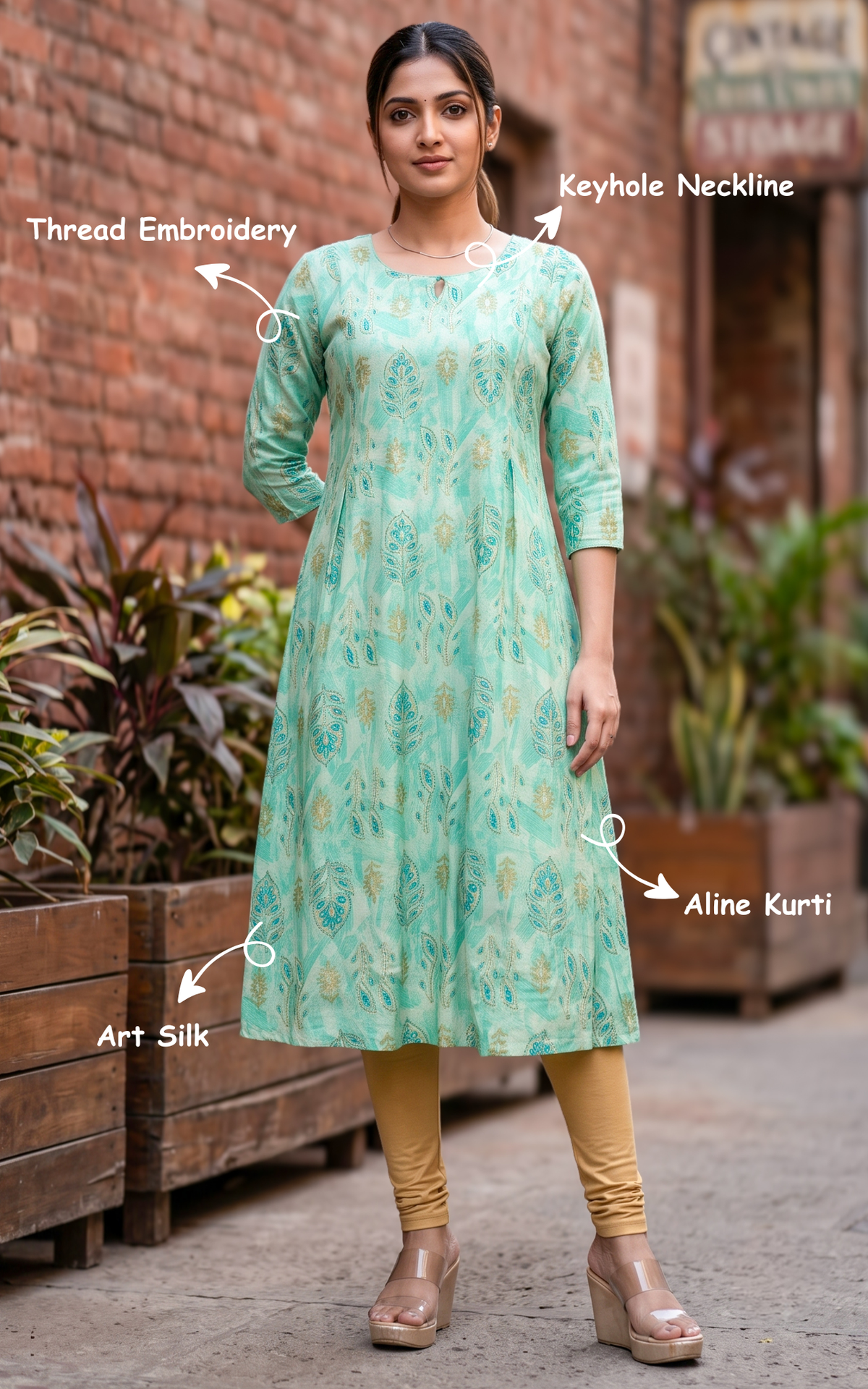 Mint Green Art Silk Designer Aline Kurti for Women