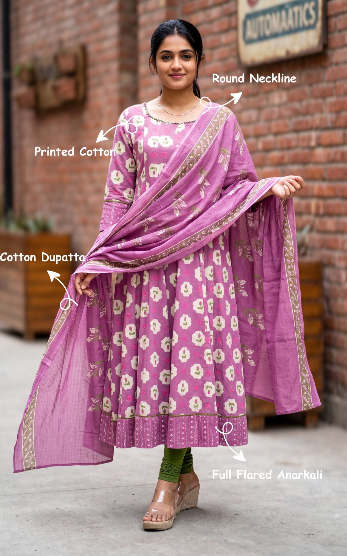 Onion Pink Printed Cotton Ethnic Wear Anarkali Kurti with Dupatta for Women