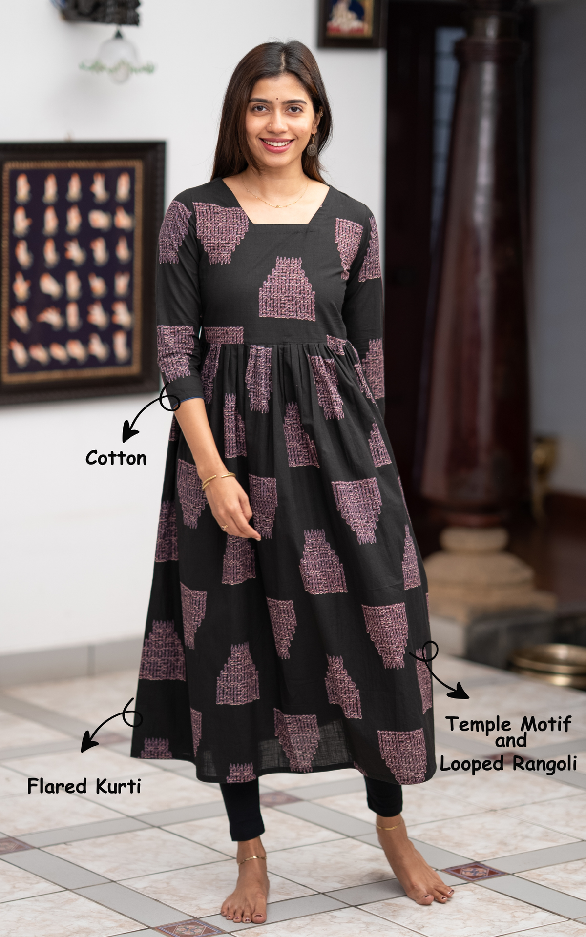 Black Cotton Designer Indo Western Flared Kurti for Women