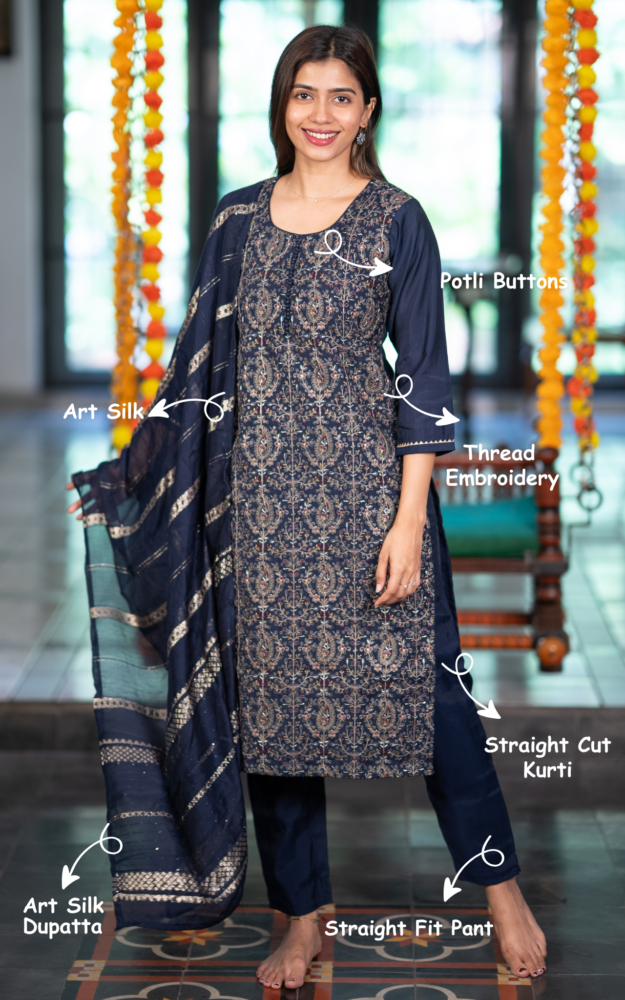Instore – Navy Blue Vaanadhi Kurti Pant Dupatta Set for Women – Art Silk – Thread Embroidery – Ethnic Wear