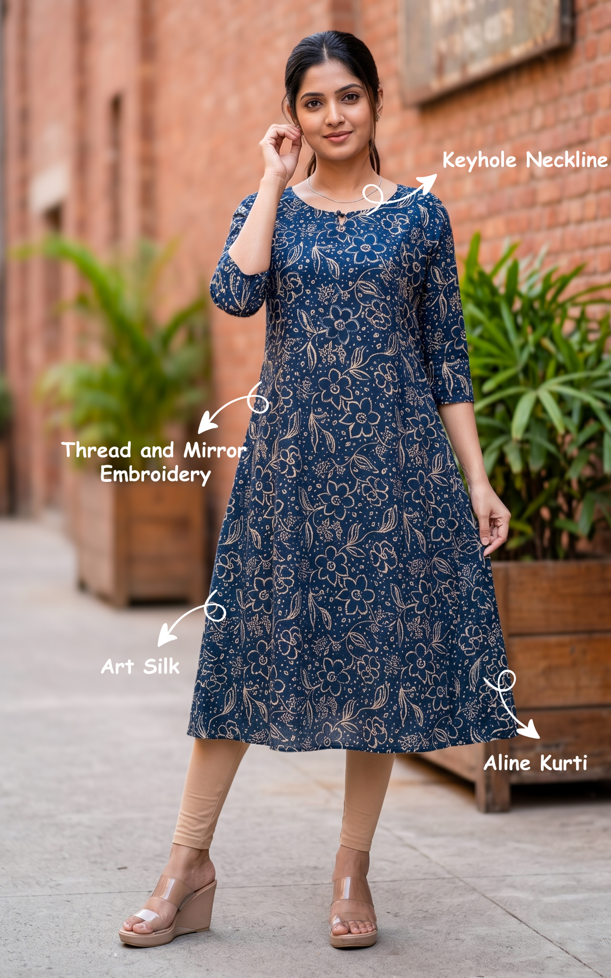 Navy Blue Art Silk Aline Kurti with Keyhole Neckline for Women