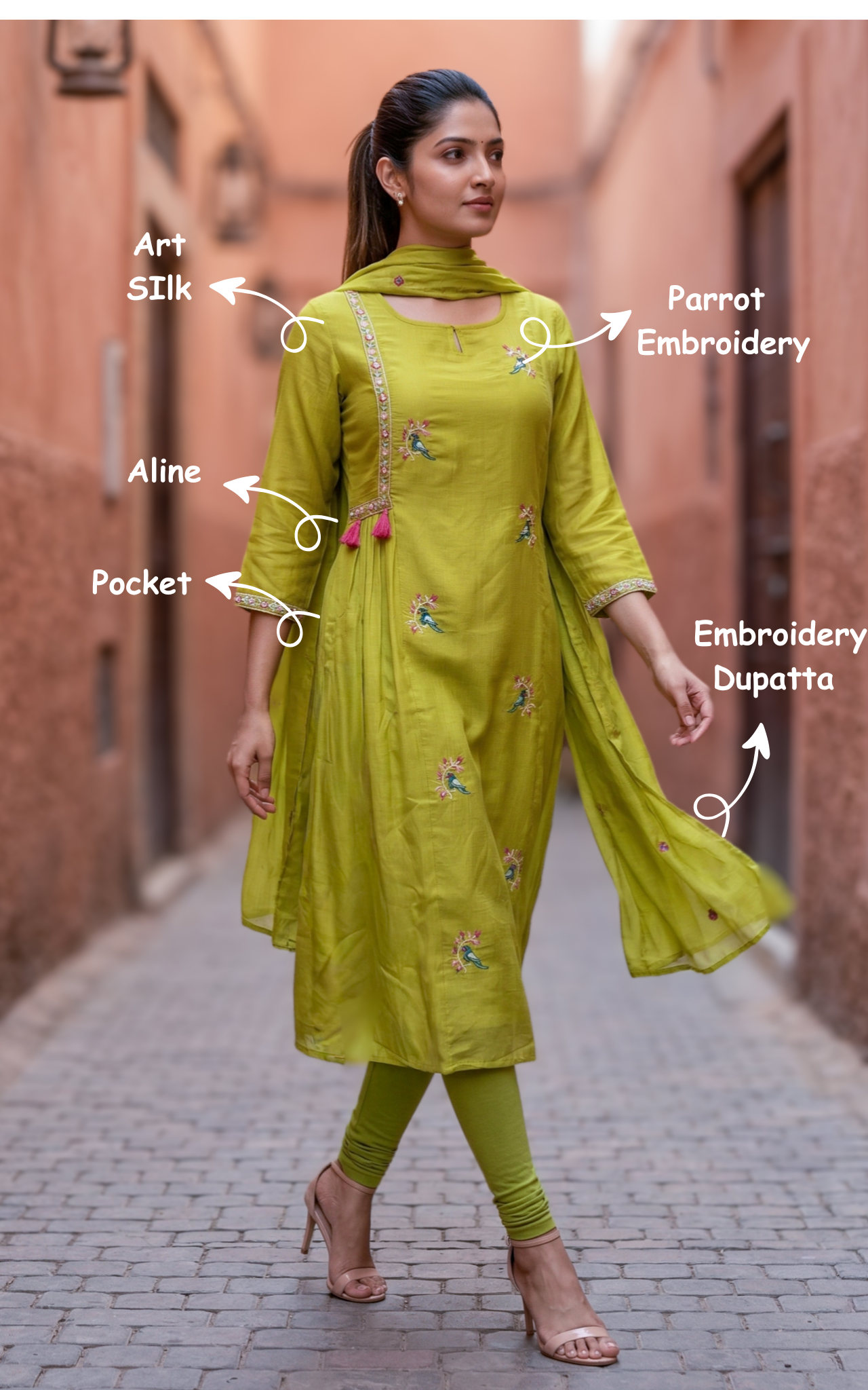 Kili Mozhi Lime Green (Kurti+Dupatta)