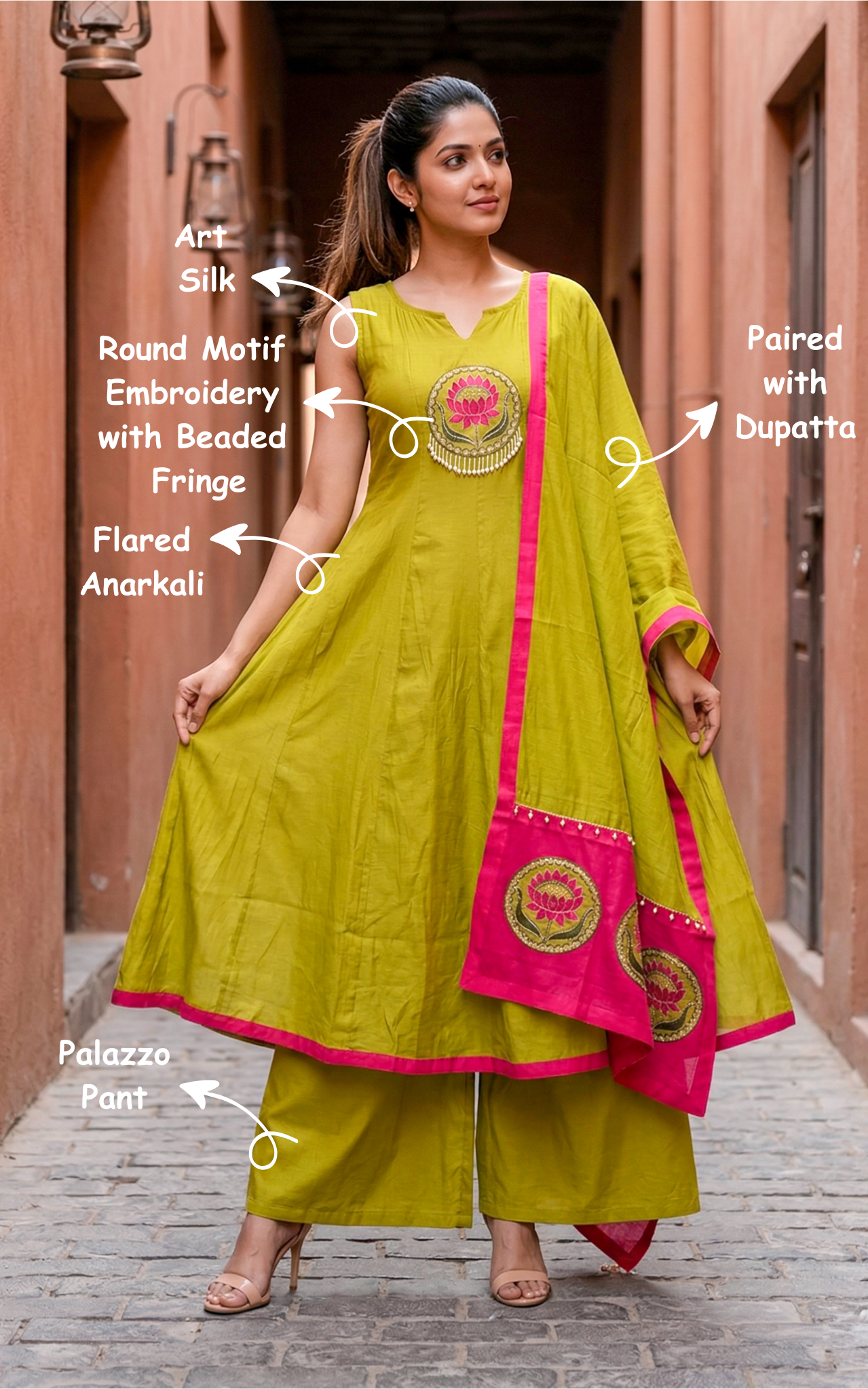 Instore – Mehandi Green Ilavenil Kurti Pant Dupatta Set for Women – Art Silk – Festive Ethnic Wear