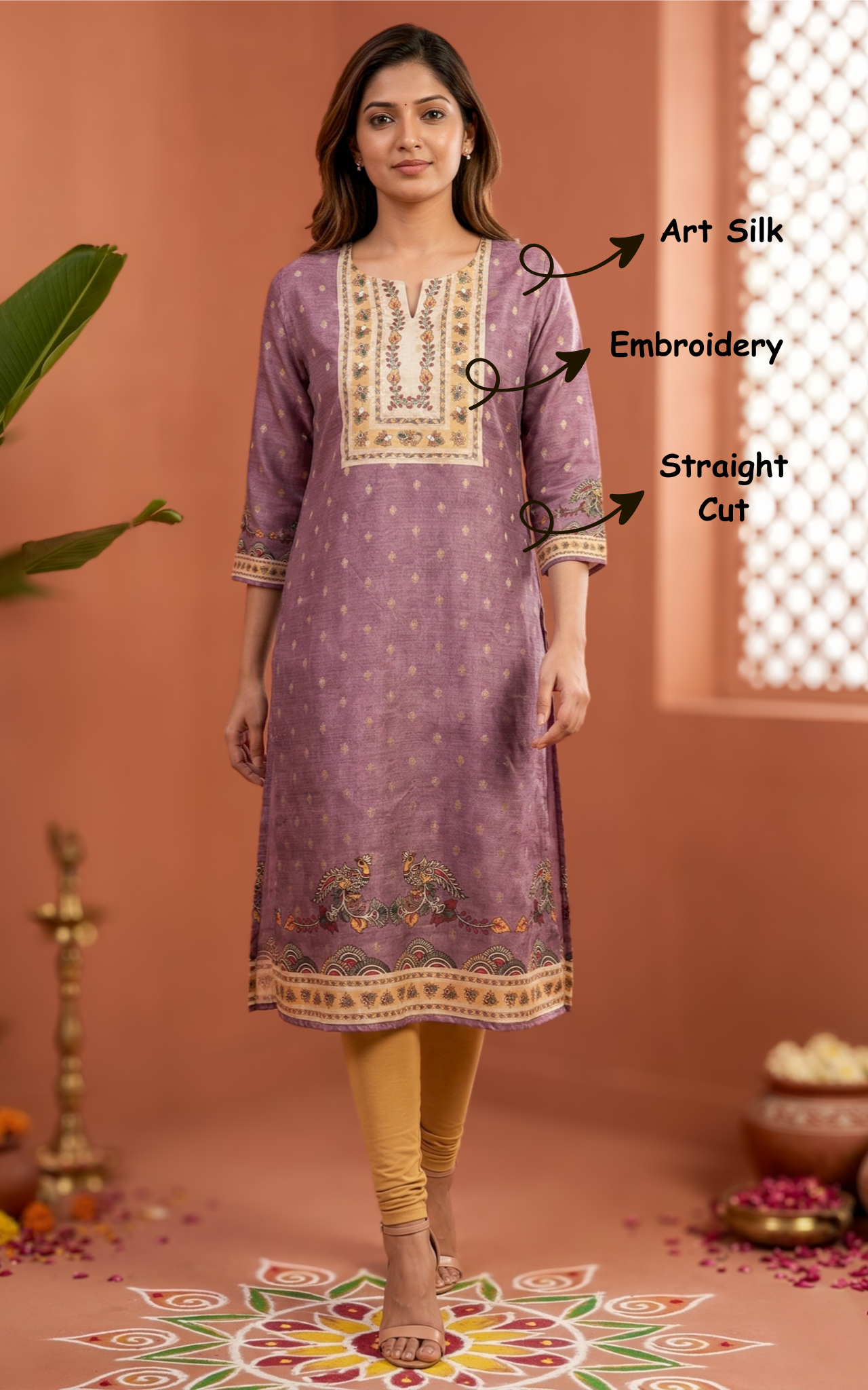 Instore – Dusty Lavender Rincy Kurti for Women – Art Silk – Festive Ethnic Wear