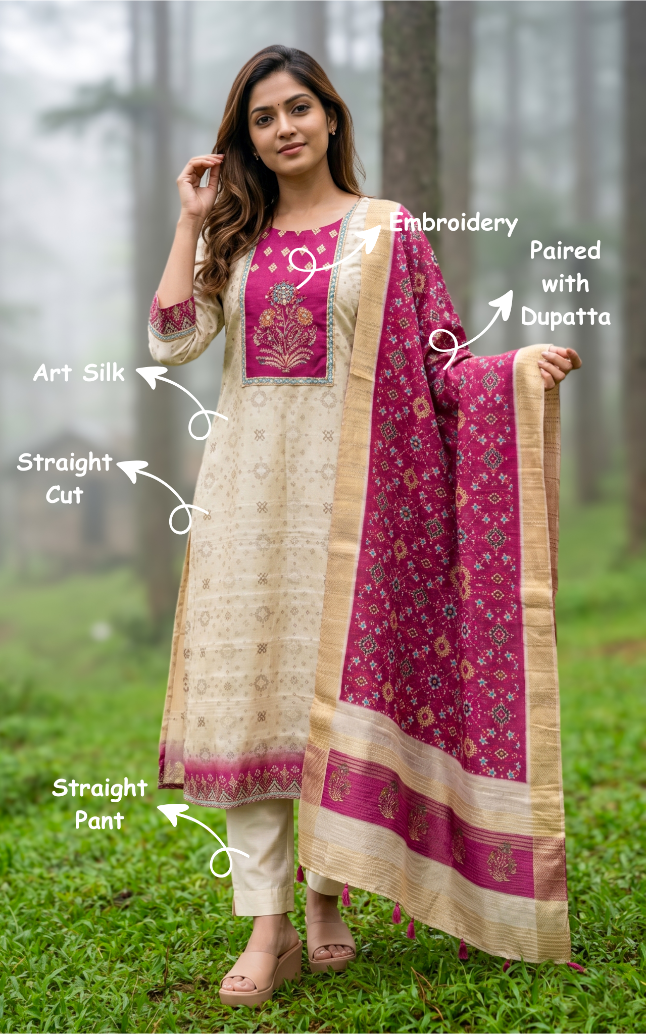 Instore – Beige Madhumeena Kurti Pant Dupatta Set for Women – Art Silk – Festive Ethnic Wear