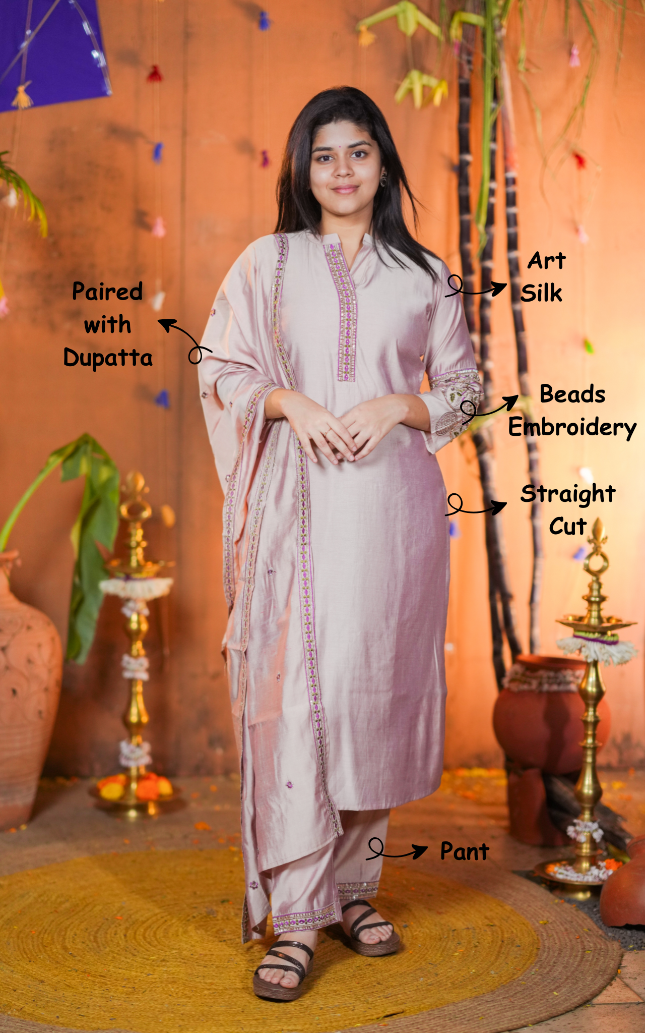Instore - Onion Pink Color Art Silk Beads Embroidered Straight Cut Kurti with Pant with Double Side Pockets & Matching Dupatta