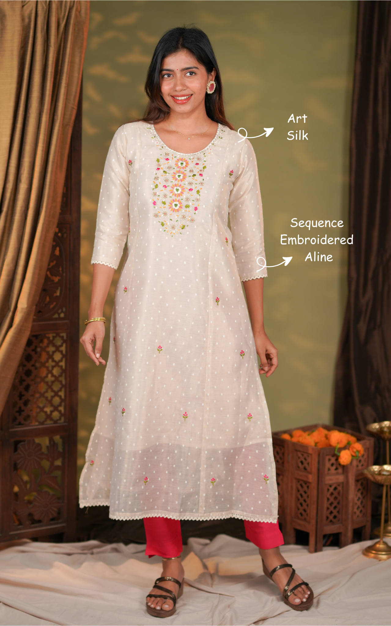 Woman wearing a white embroidered kurti