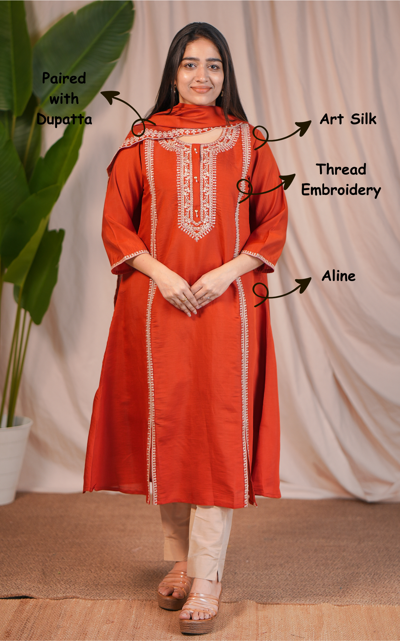 College wear kurti for women
Rust color kurti for women
A-line kurti with embroidery
Art silk kurti set with dupatta
Comfortable ethnic wear for women
Party casual kurti for women
Stylish daily wear kurti