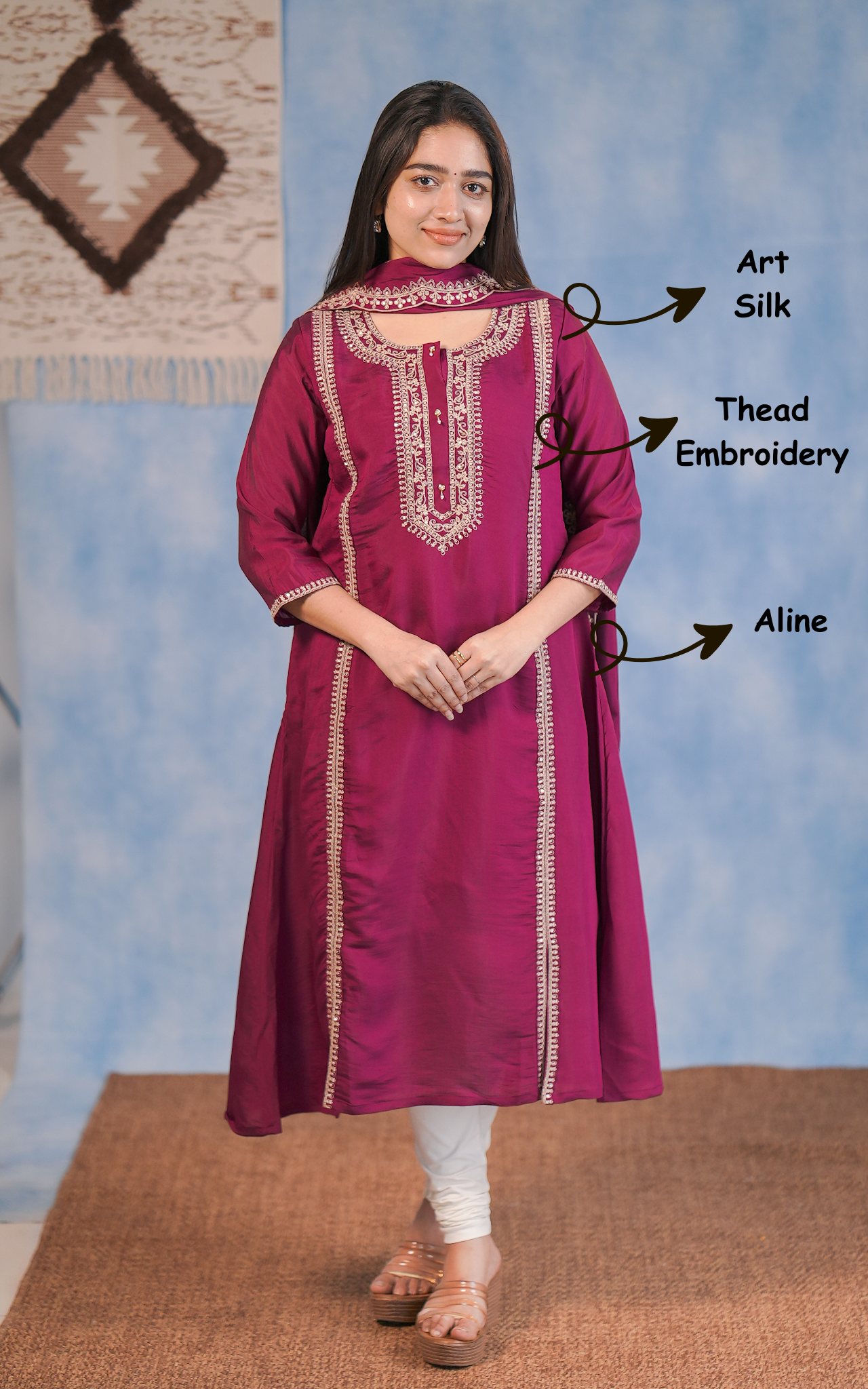Plum art silk embroidered kurta pant set with dupatta”