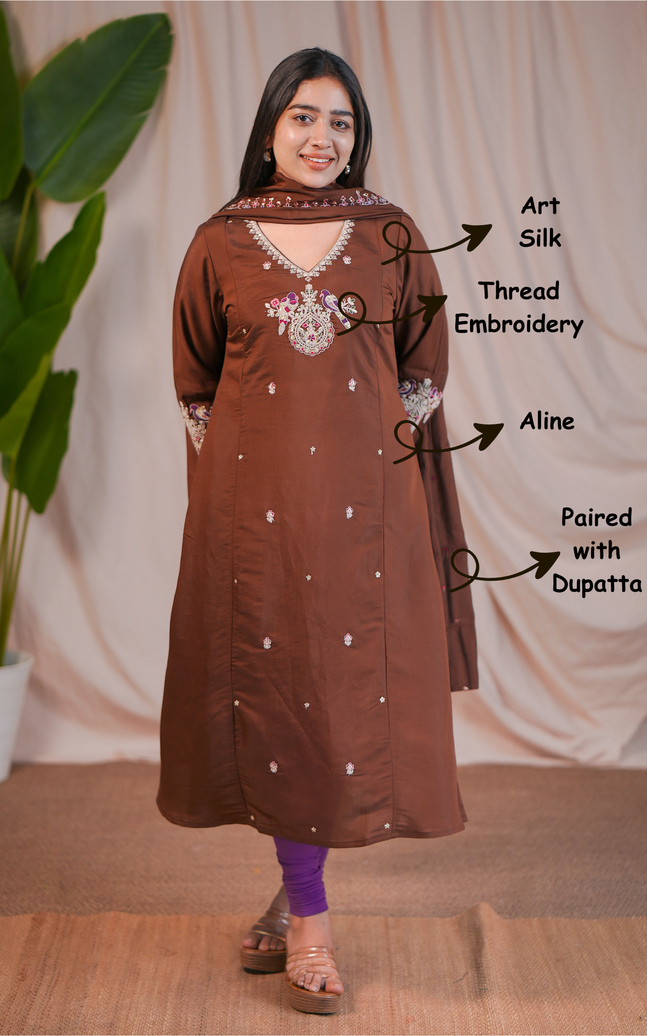 Brown A-Line Kurti Art Silk Set for Daily & Festive Wear