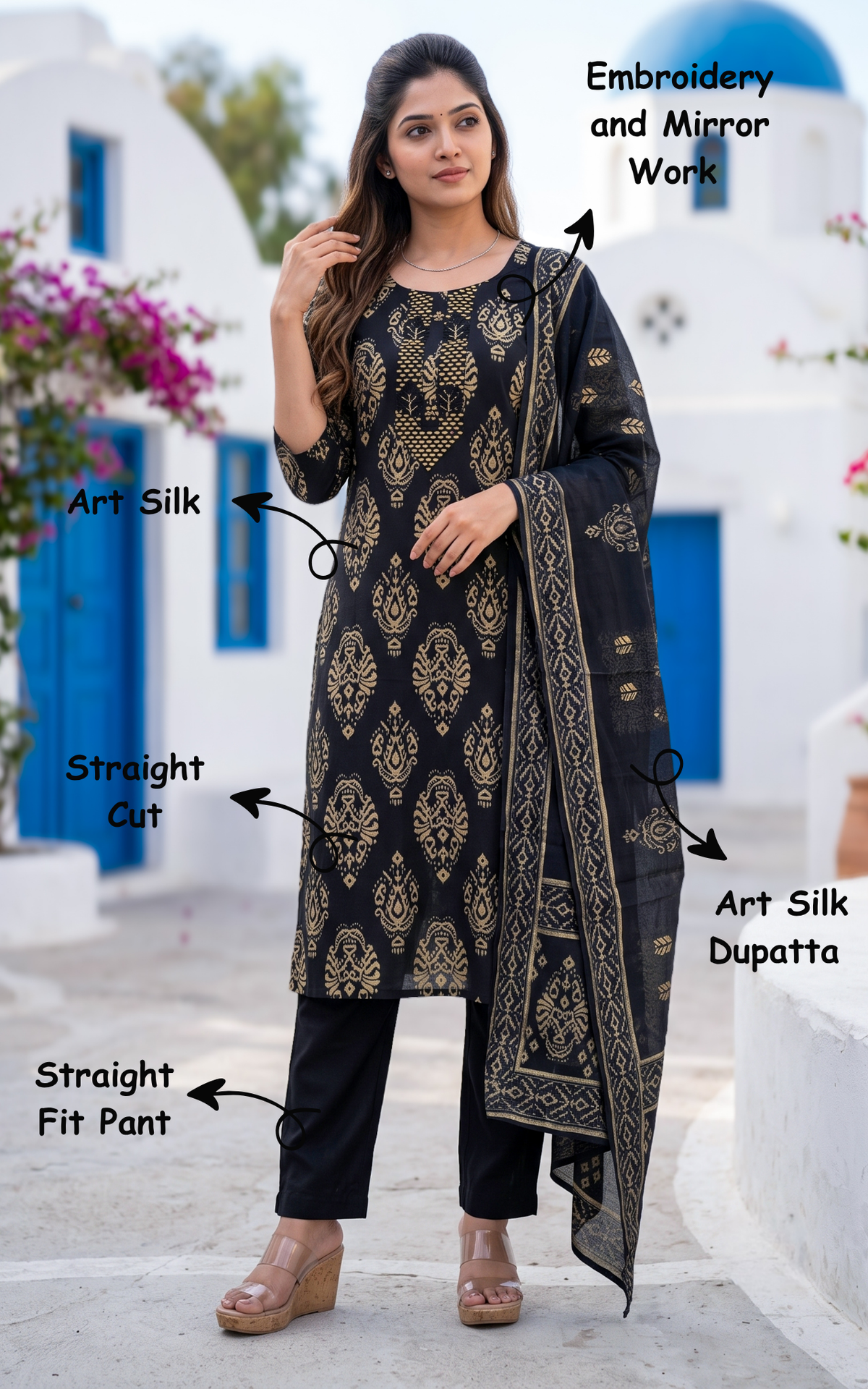 Tharigai Black (Kurti+Pant+Dupatta)