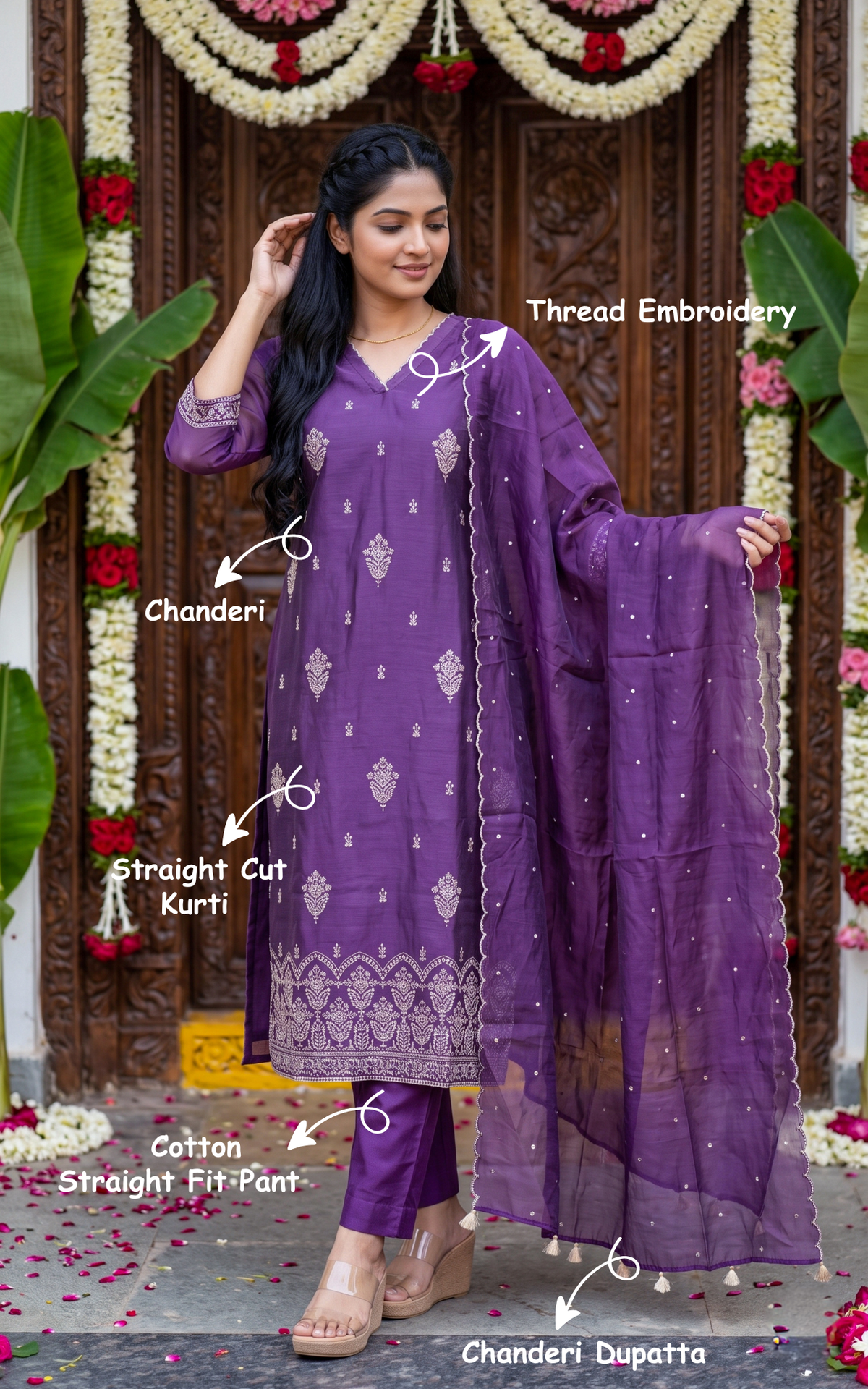 Violet Chanderi Kurti Set with Thread Embroidered Dupatta for Women