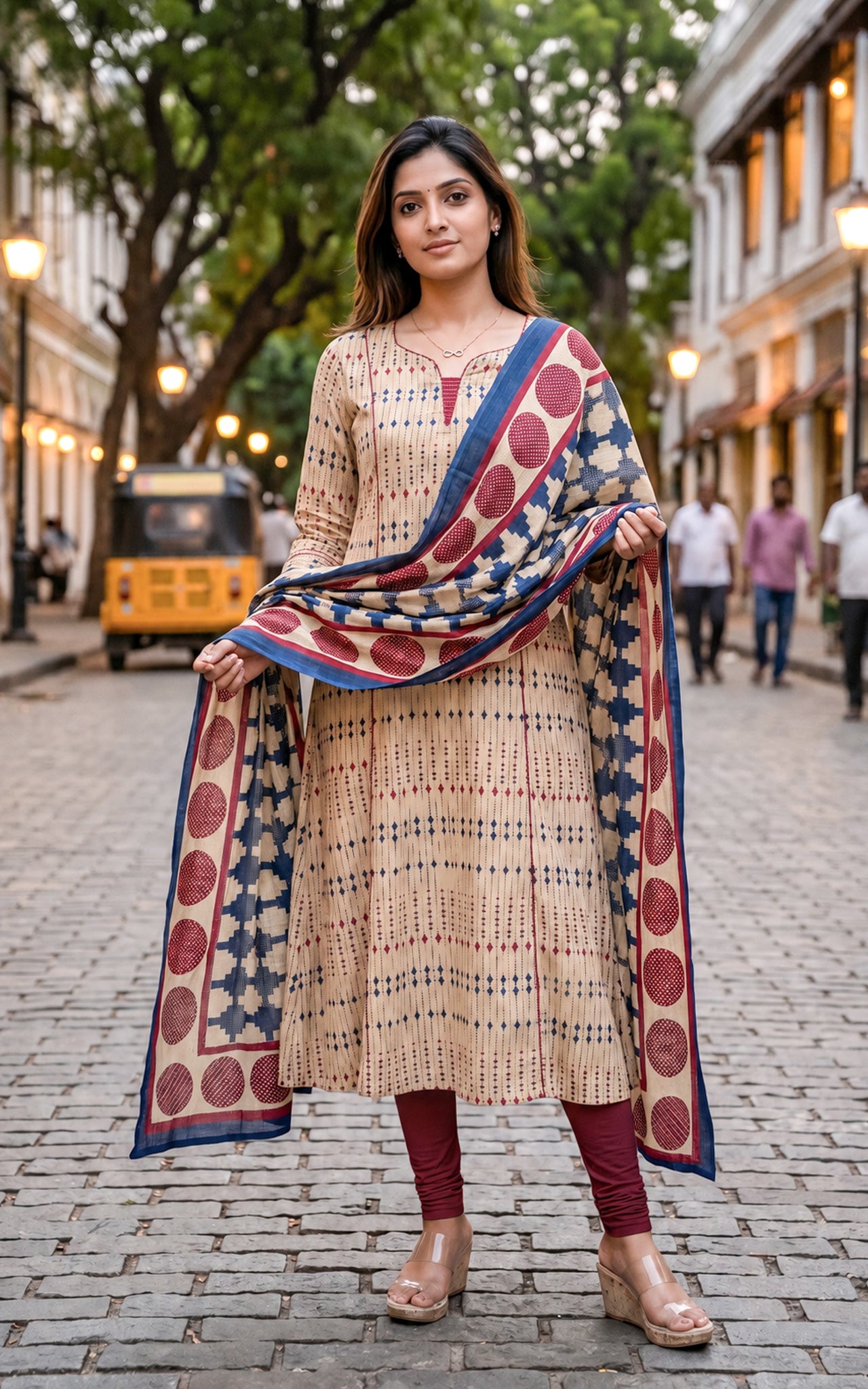 Beige and Blue Cotton Daily Wear Kurti Dupatta for Women