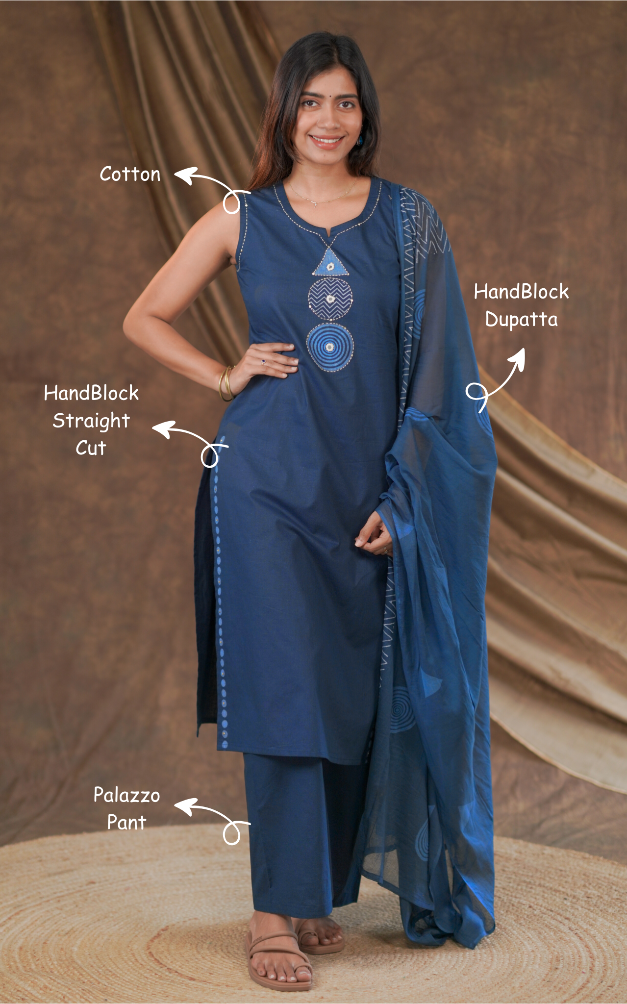 Handblock straight cut kurti for women