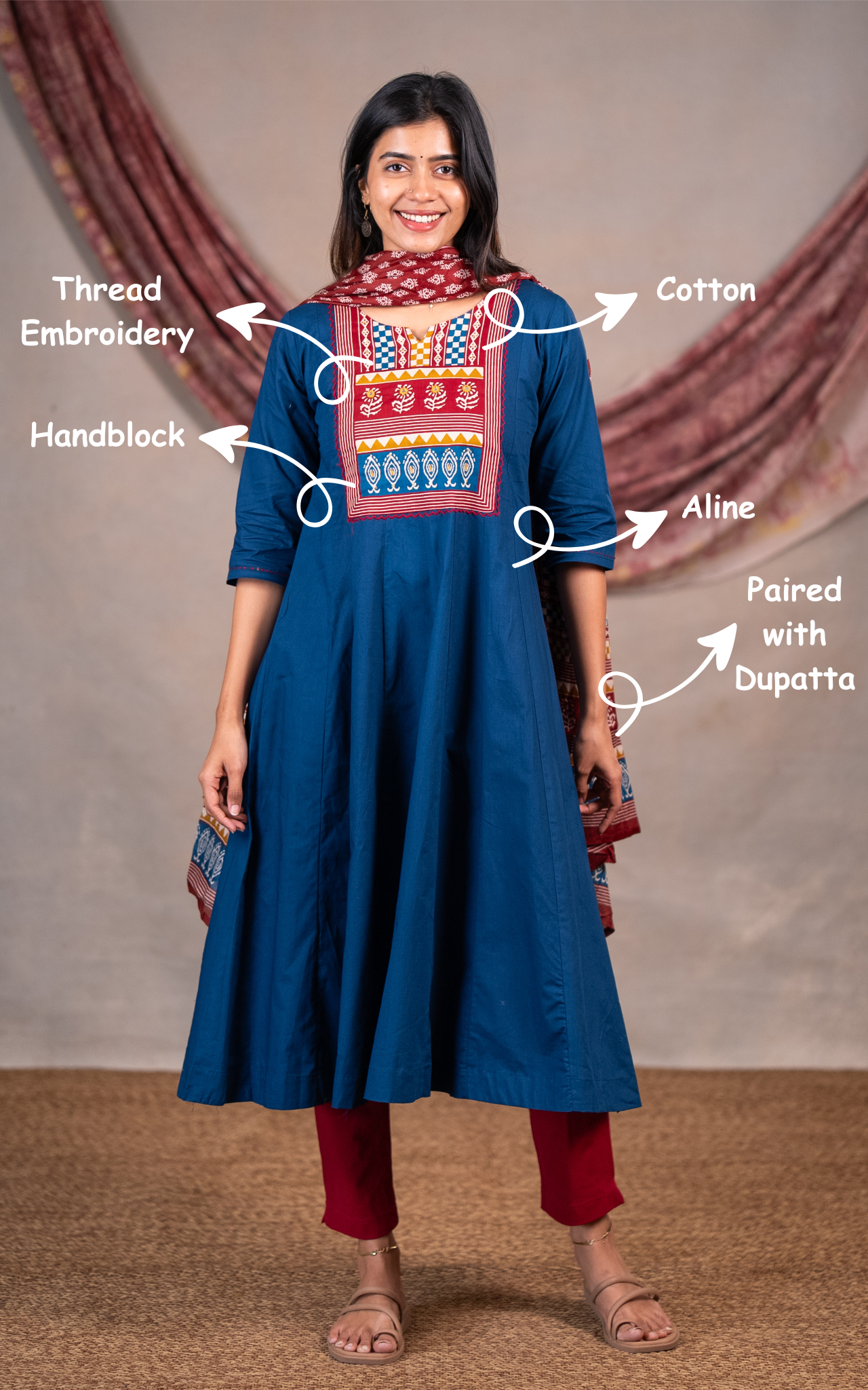 Mathiyazhagi Blue (Kurti+Dupatta)