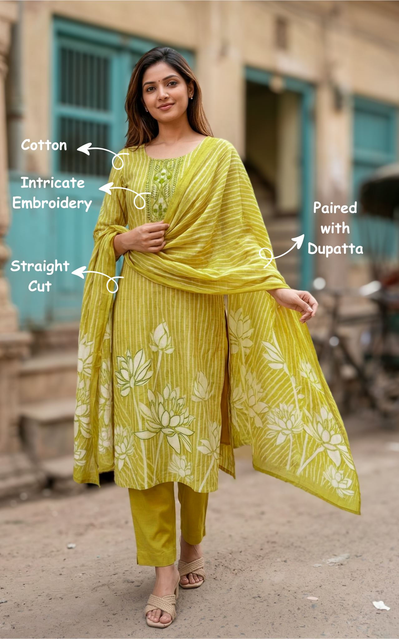 Instore - Mehandi Green Color Cotton Straight Cut Kurti with Side Slit, Straight Pant with Dupatta