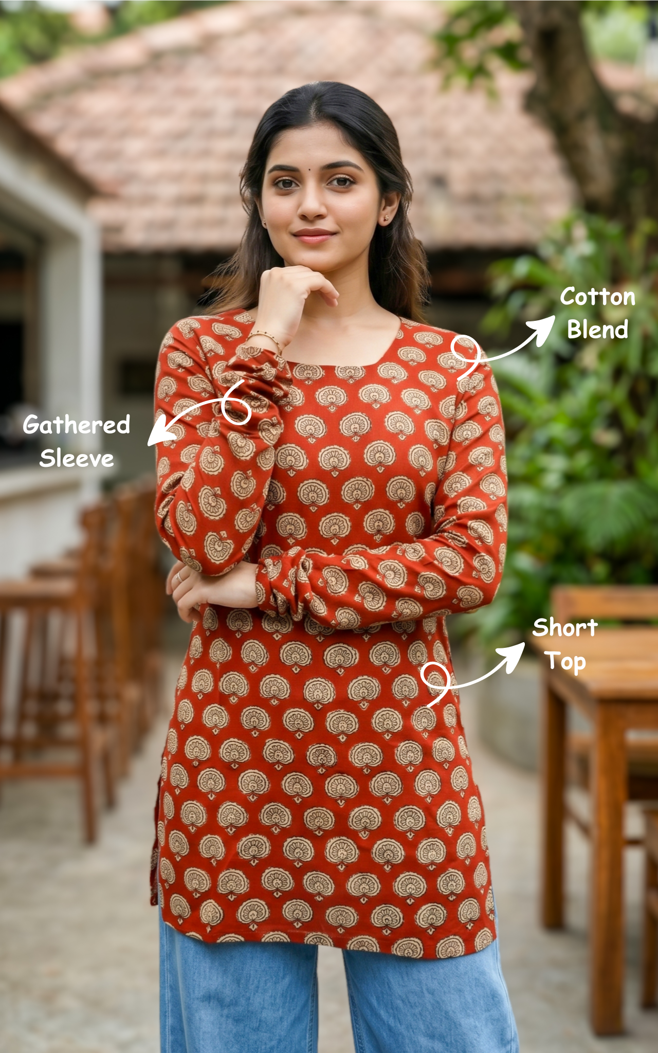 Instore – Handblock Printed Cotton Short Straight Cut Kurti for Women – Gathered Sleeves – Ethnic Wear