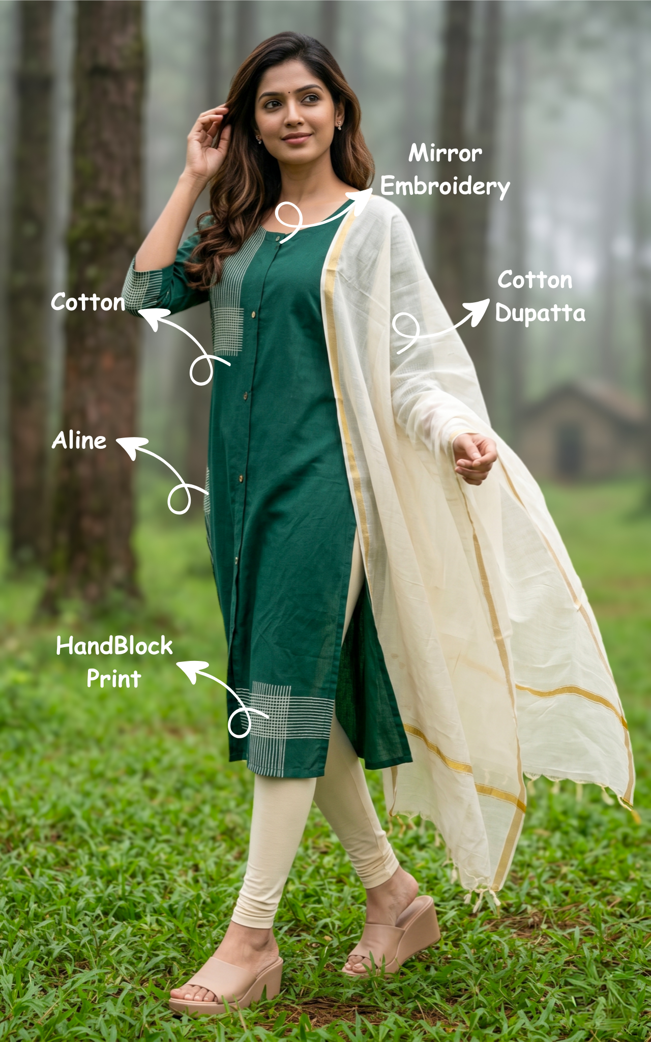Instore – Green Handblock Printed Cotton A-Line Kurti with Dupatta for Women – Ethnic Wear