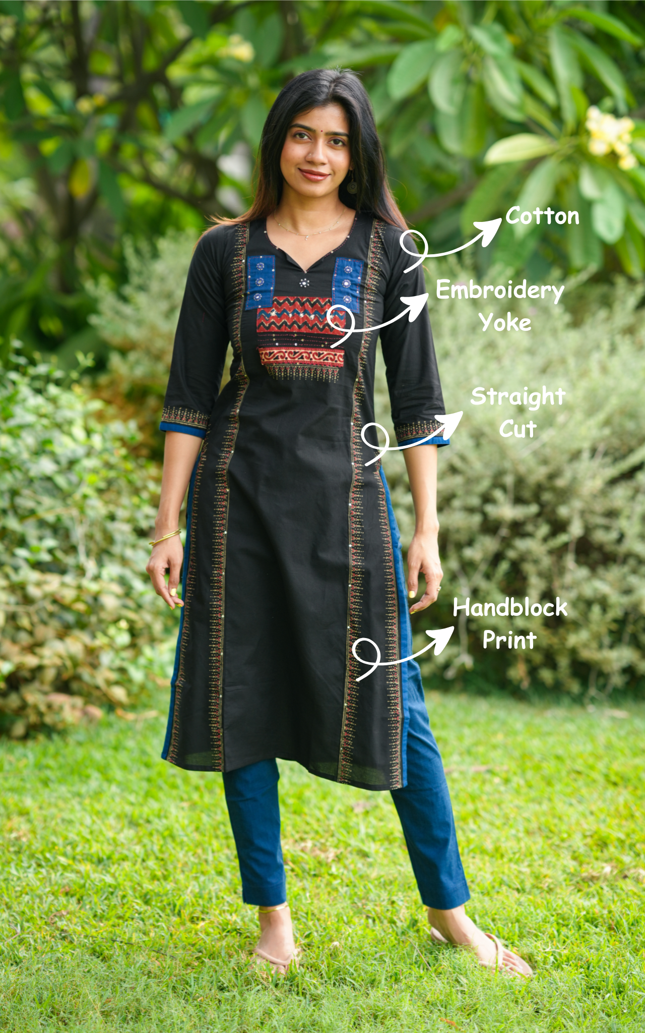 Instore – Black Handblock Printed Cotton Kurti for Women – Ethnic Wear