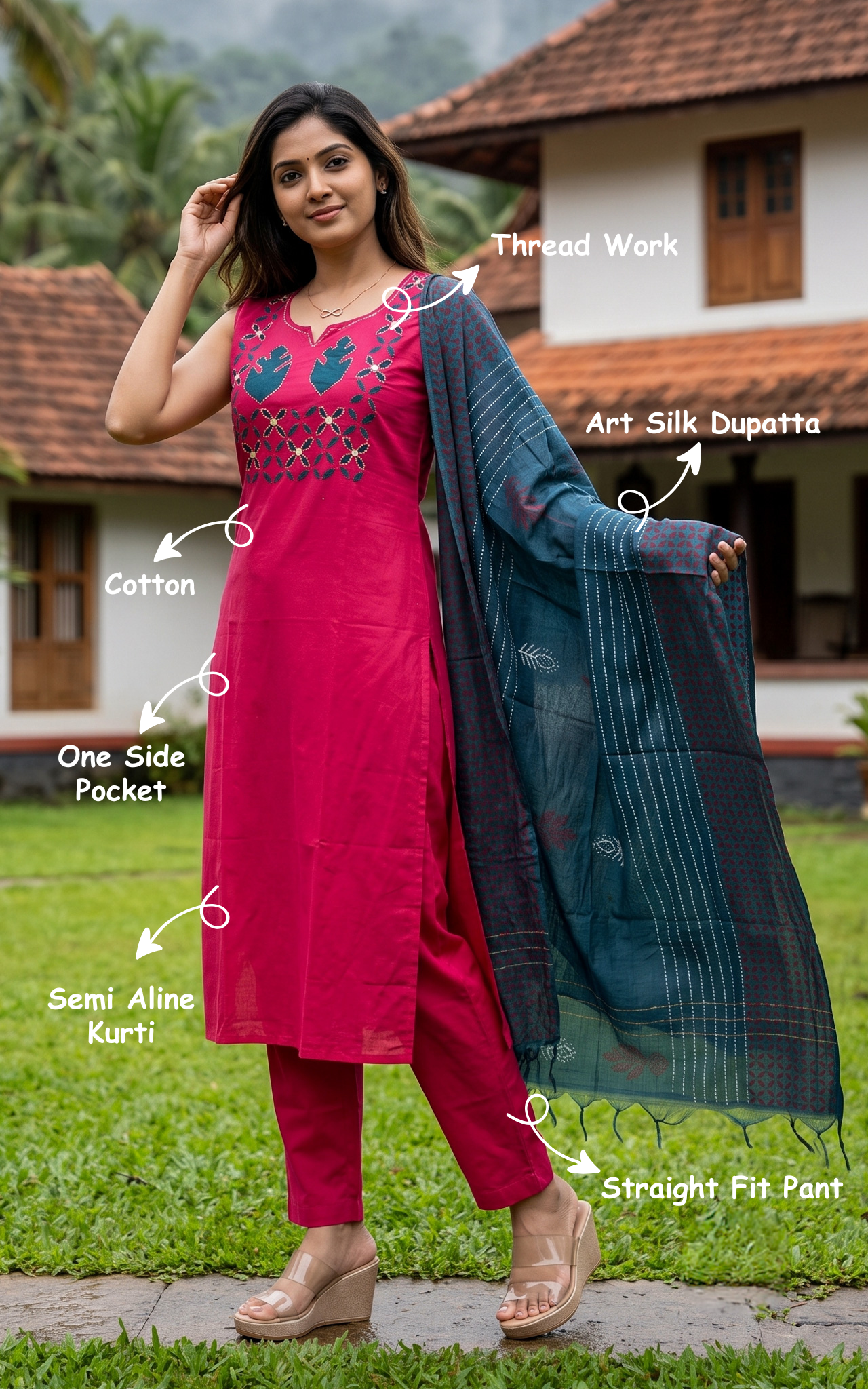 Instore – Pink Ilankuzhali Kurti Pant Dupatta Set for Women – Cotton – Side Slit – Ethnic Wear