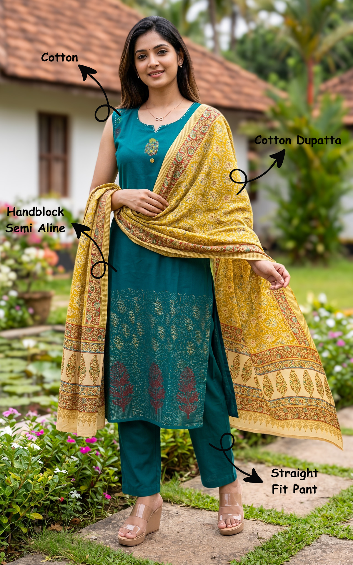 Instore – Teal Green Ilamathi Handblock Kurti Pant Dupatta Set for Women – Cotton – Side Slit – Ethnic Wear