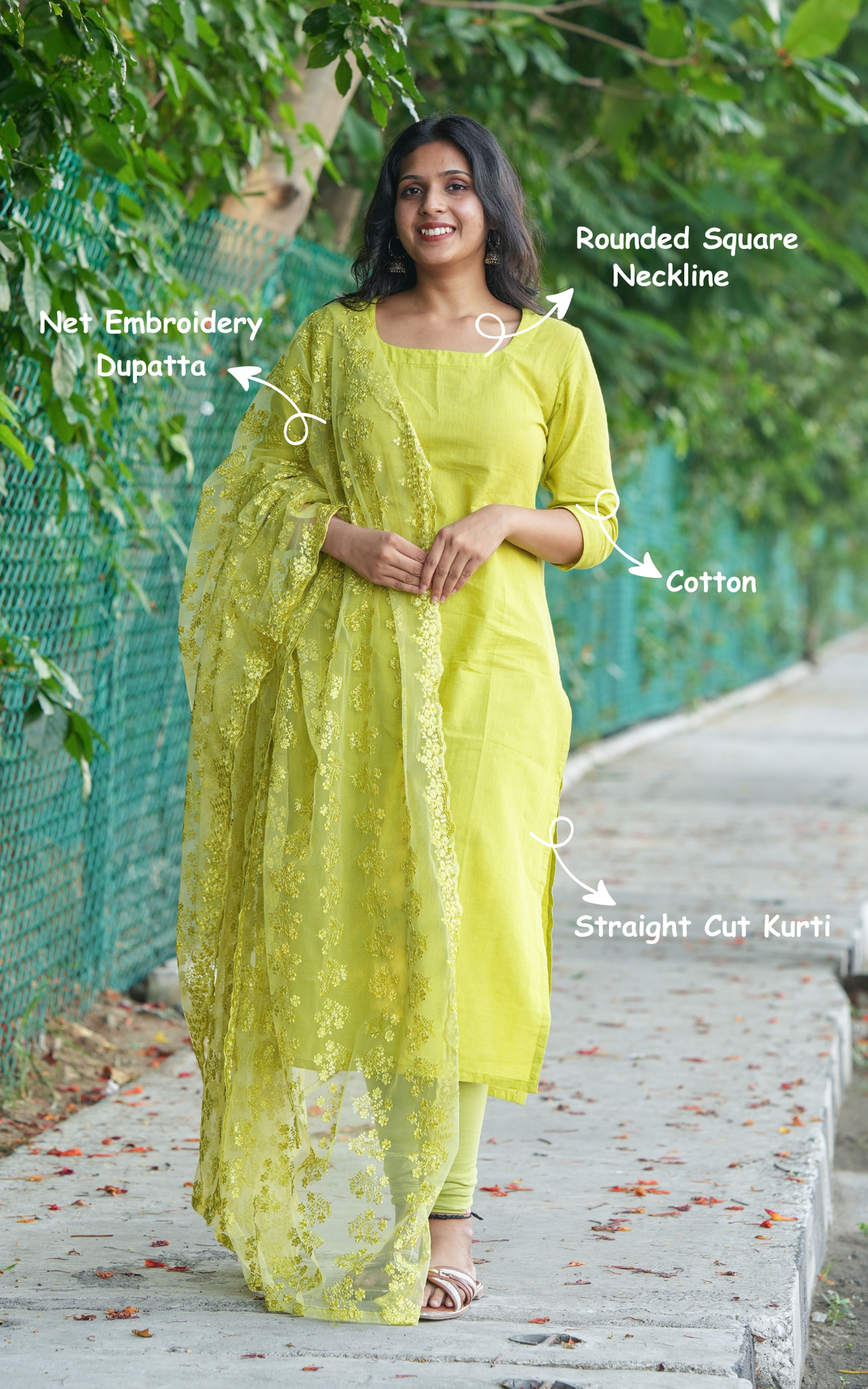 Fluorescent Green Cotton Office Wear Straight Cut Kurti with Dupatta for Women