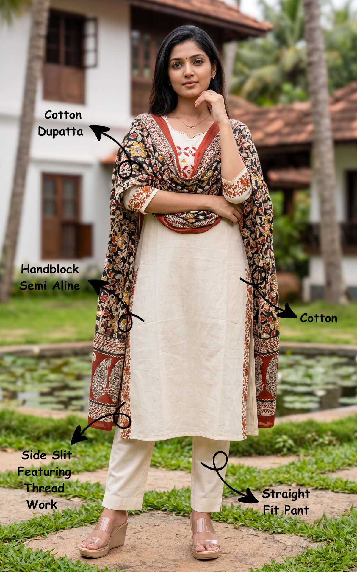 Instore – Off White & Rust Aayushi Kurti Pant Dupatta Set for Women – Cotton – Side Slit – Ethnic Wear