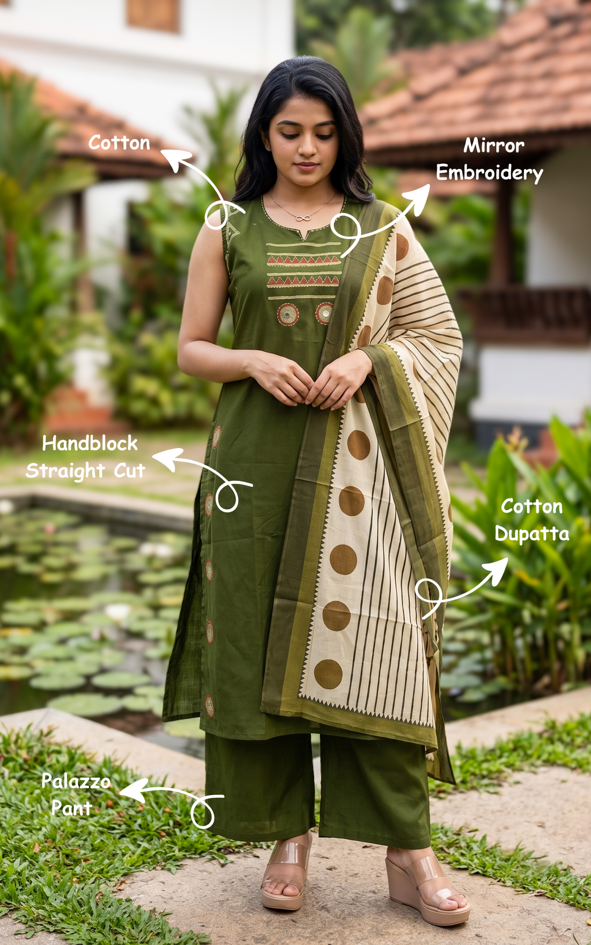 Instore – Green Chaarvi Handblock Kurti Pant Dupatta Set for Women – Cotton – Handblock Printed – Ethnic Wear
