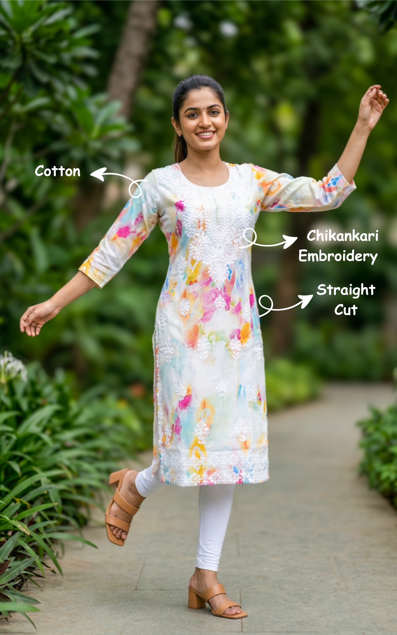 white cotton chikankari kurti
straight cut kurti with side slit
chikankari embroidered cotton kurti
casual cotton kurti for women
daily wear white kurti