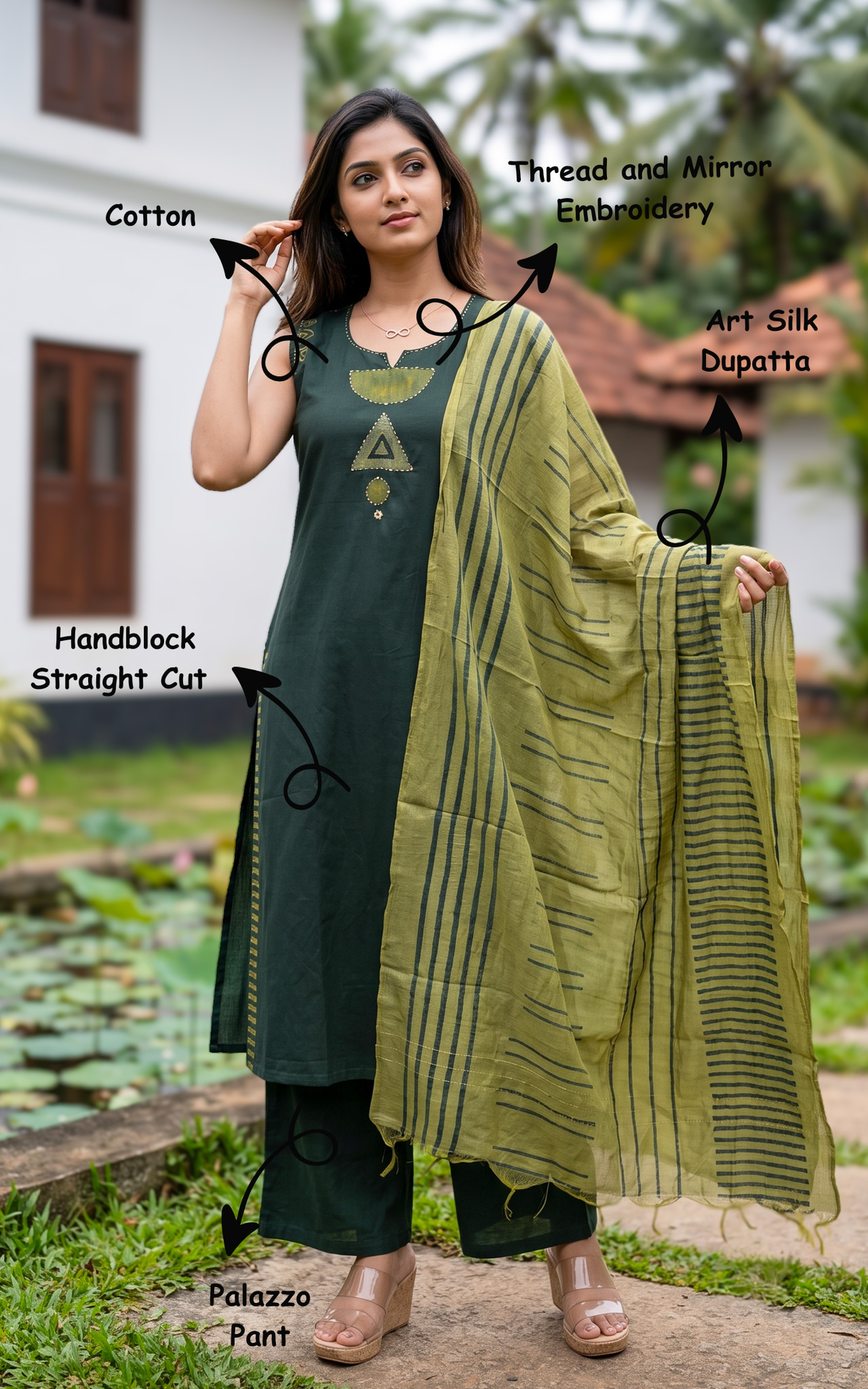 Instore – Bottle Green Rohitha Handblock Kurti Pant Dupatta Set for Women – Cotton – Handblock Printed – Ethnic Wear