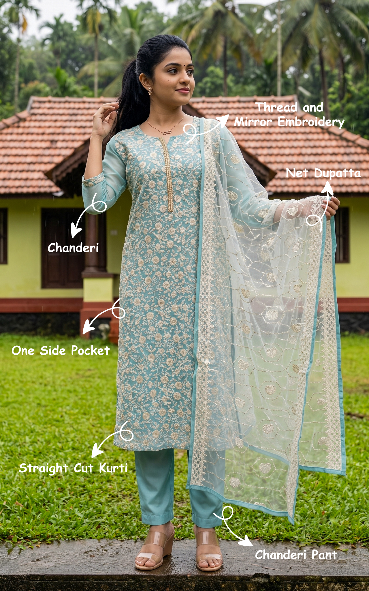 Instore – Blue Mukundha Kurti Pant Dupatta Set for Women – Chanderi – Elegant Style – Ethnic Wear