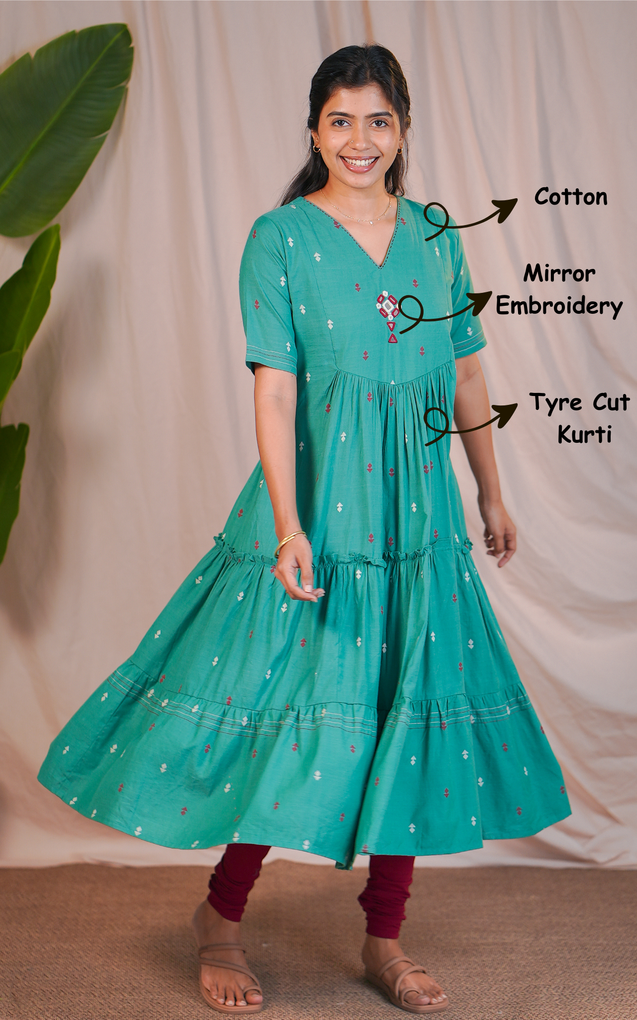 Blue Cotton Kurti with V-Neckline & Mirror Detailing