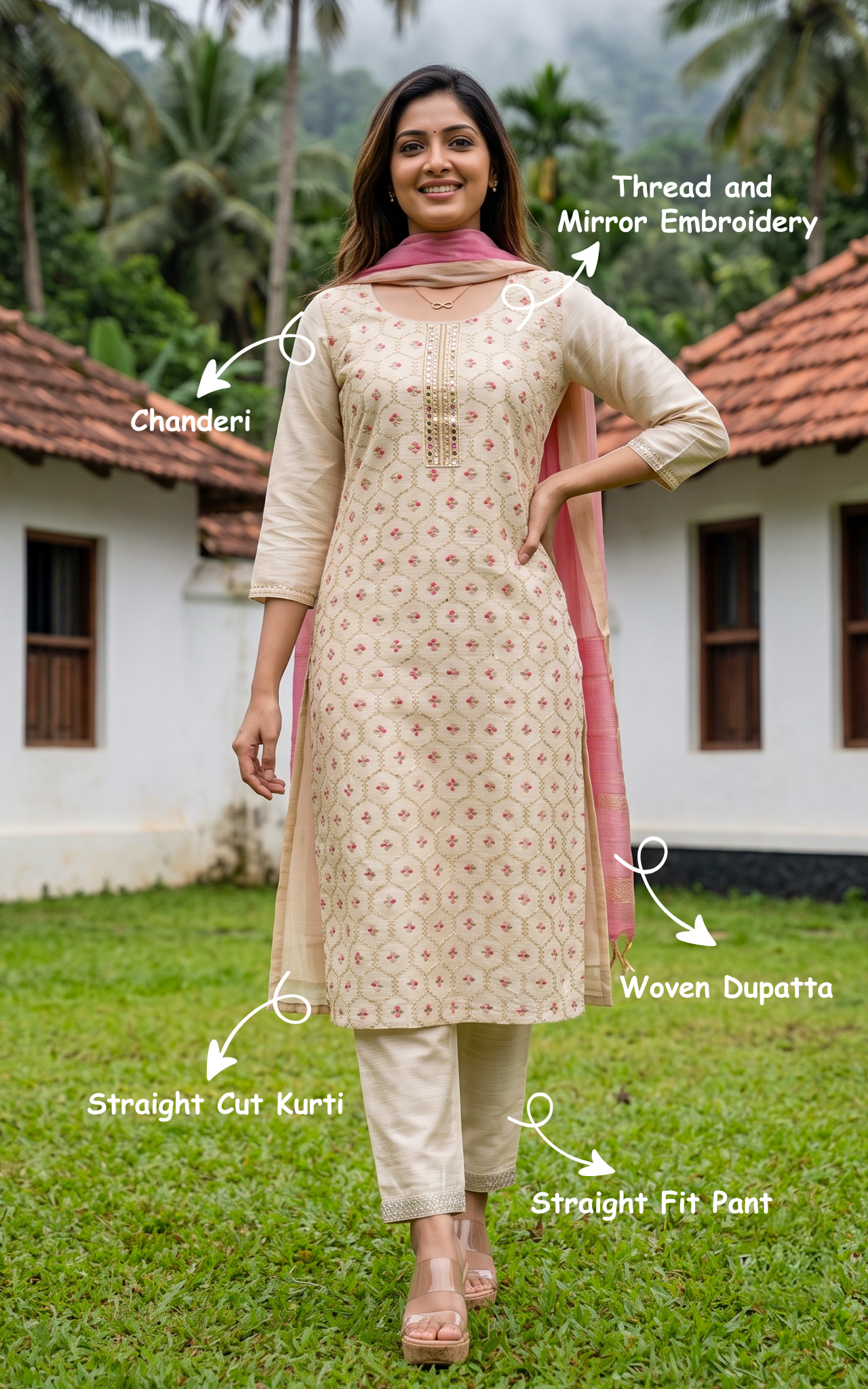 Instore – Beige Rukku Kurti Pant Dupatta Set for Women – Chanderi – Elegant Style – Ethnic Wear