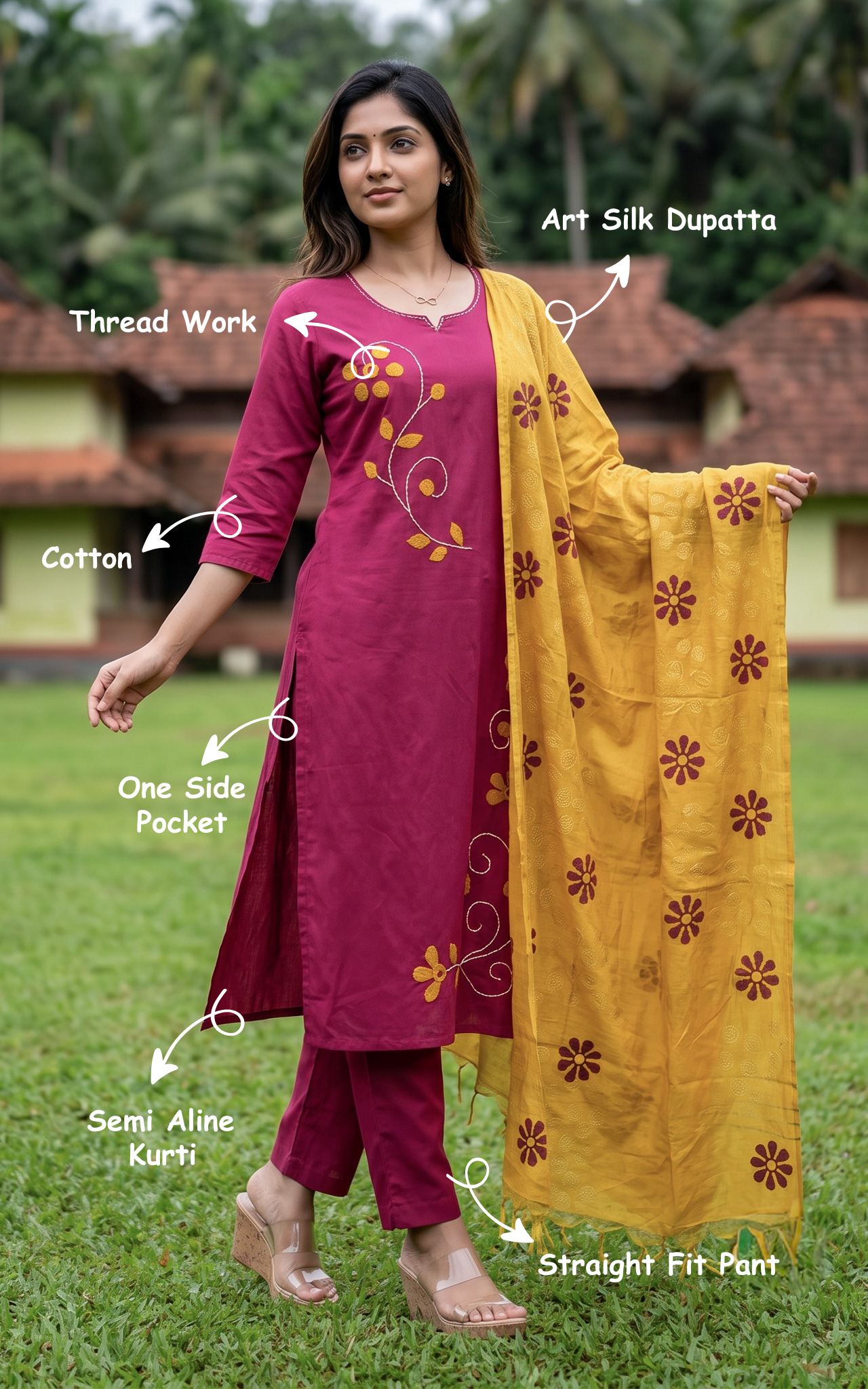 Instore – Magenta Gayathri Kurti Pant Dupatta Set for Women – Cotton – Printed – Ethnic Wear