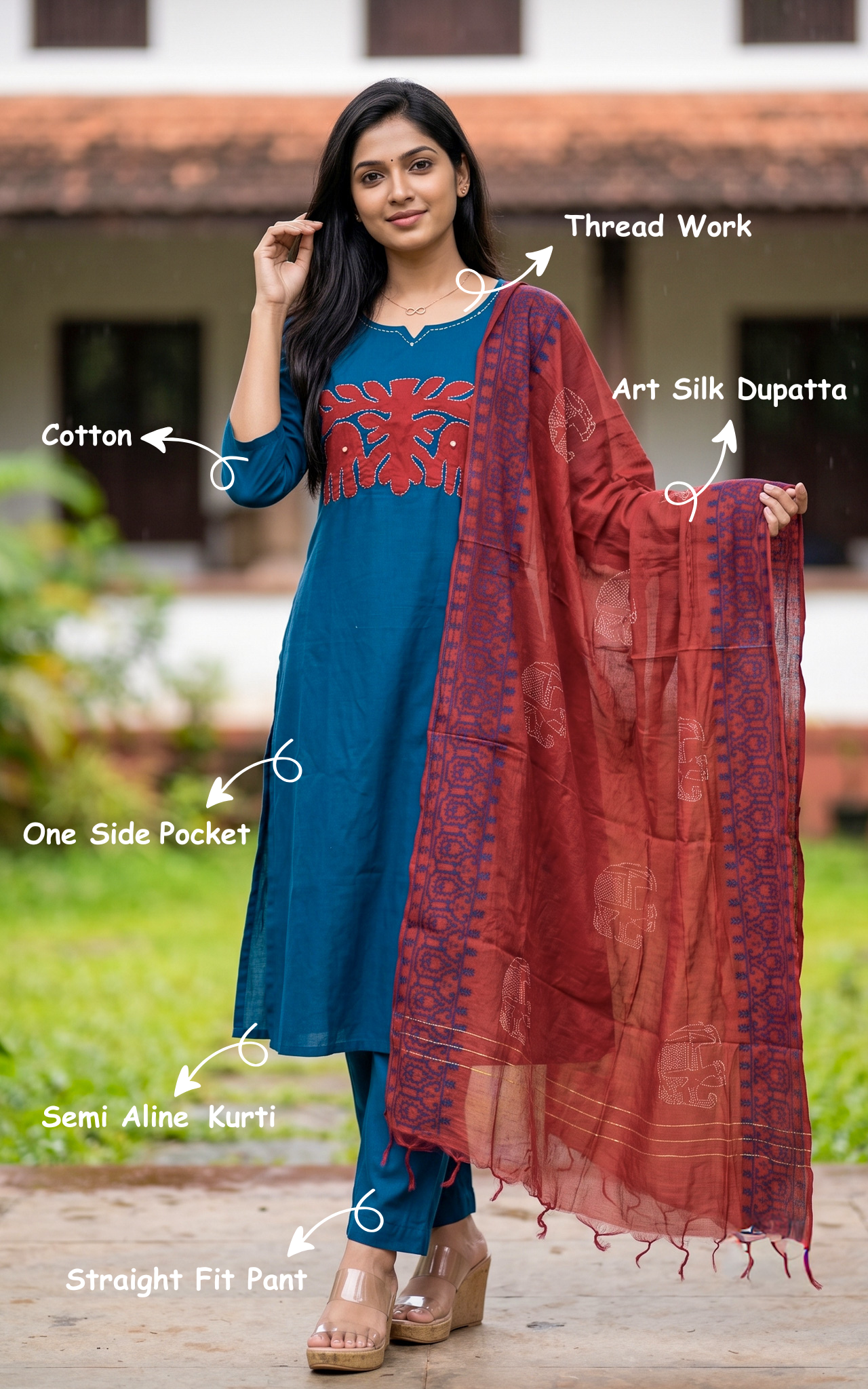 Instore – Blue Nandhala Kurti Pant Dupatta Set for Women – Cotton – Side Slit – Ethnic Wear