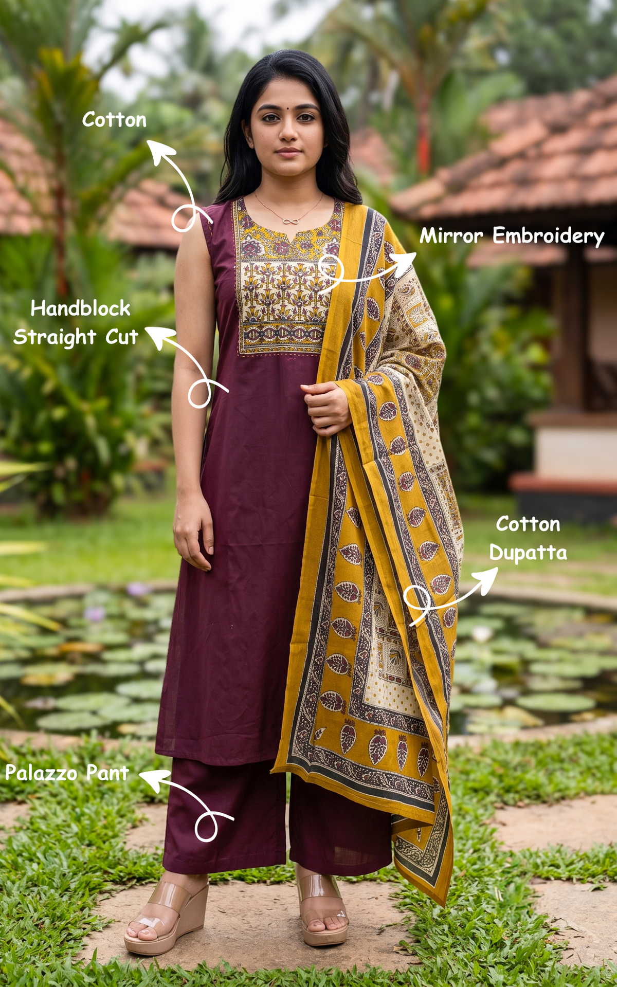 Instore – Plum Ranvika Handblock Kurti Pant Dupatta Set for Women – Cotton – Handblock Printed – Ethnic Wear