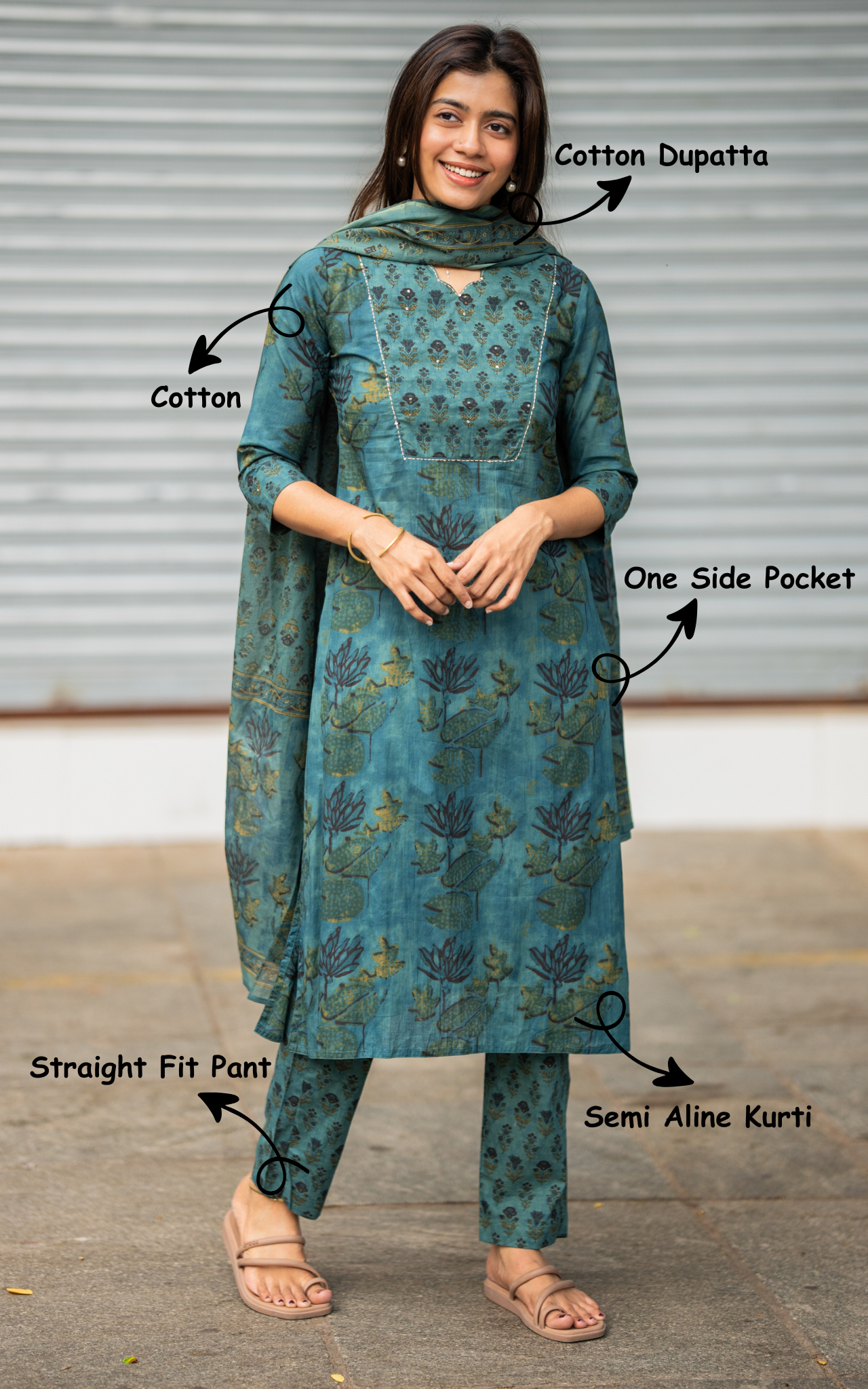 Instore – Green Gauthami Kurti Pant Dupatta Set for Women – Cotton – Casual Wear – Ethnic Wear