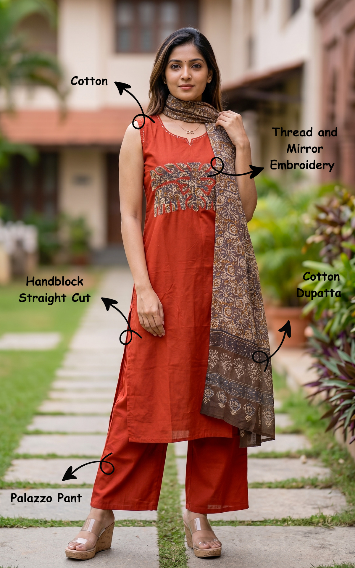 Instore – Rust Yamila Handblock Kurti Pant Dupatta Set for Women – Cotton – Handblock Printed – Ethnic Wear