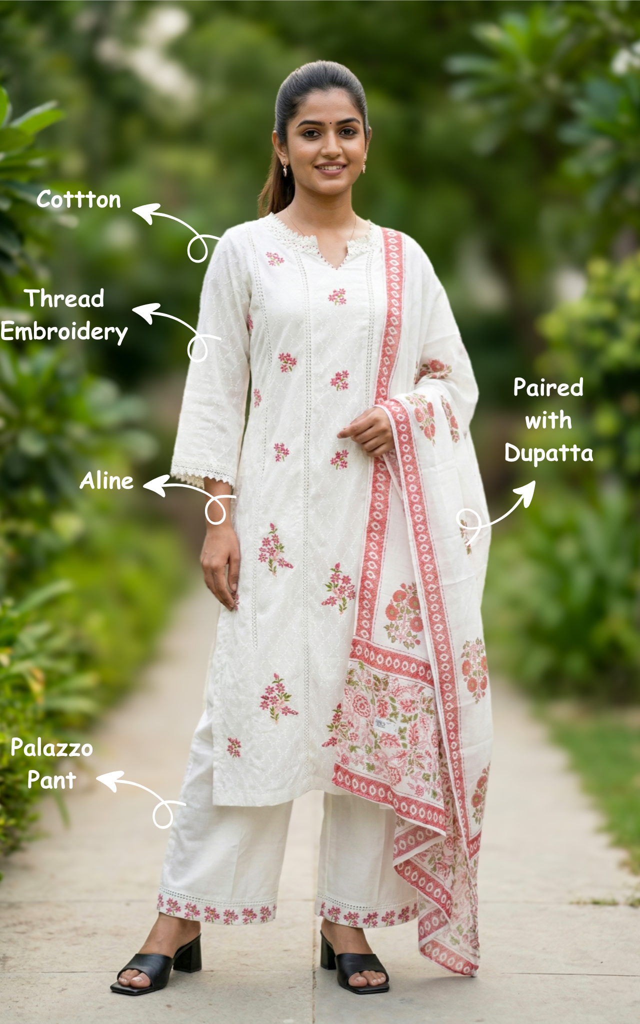 white ethnic cotton kurti palazzo set
designer floral embroidery kurti set
festive cotton kurti with printed dupatta
traditional aline kurti palazzo set