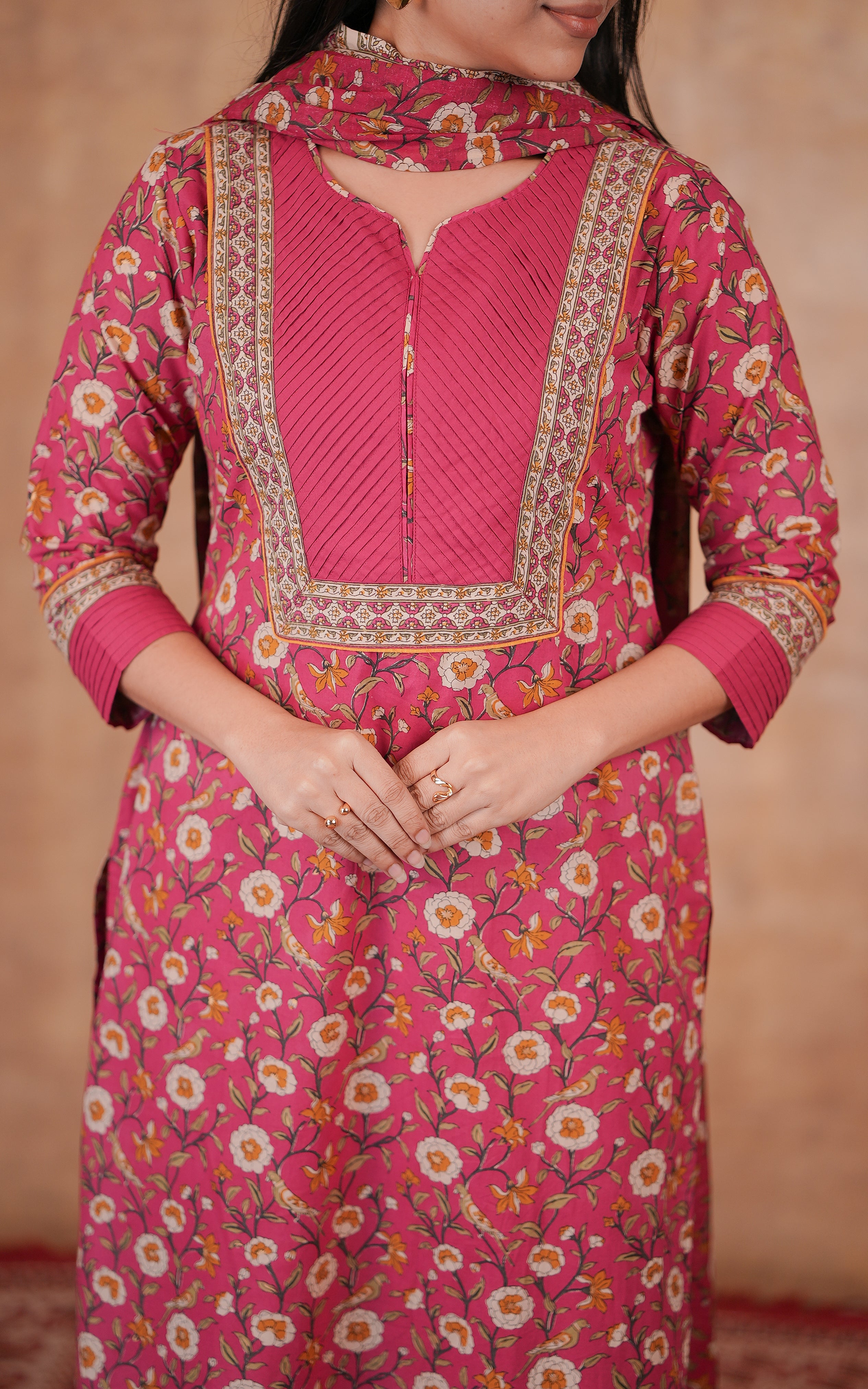 Deep Pink Cotton Kurti With Pant And Dupatta For Women