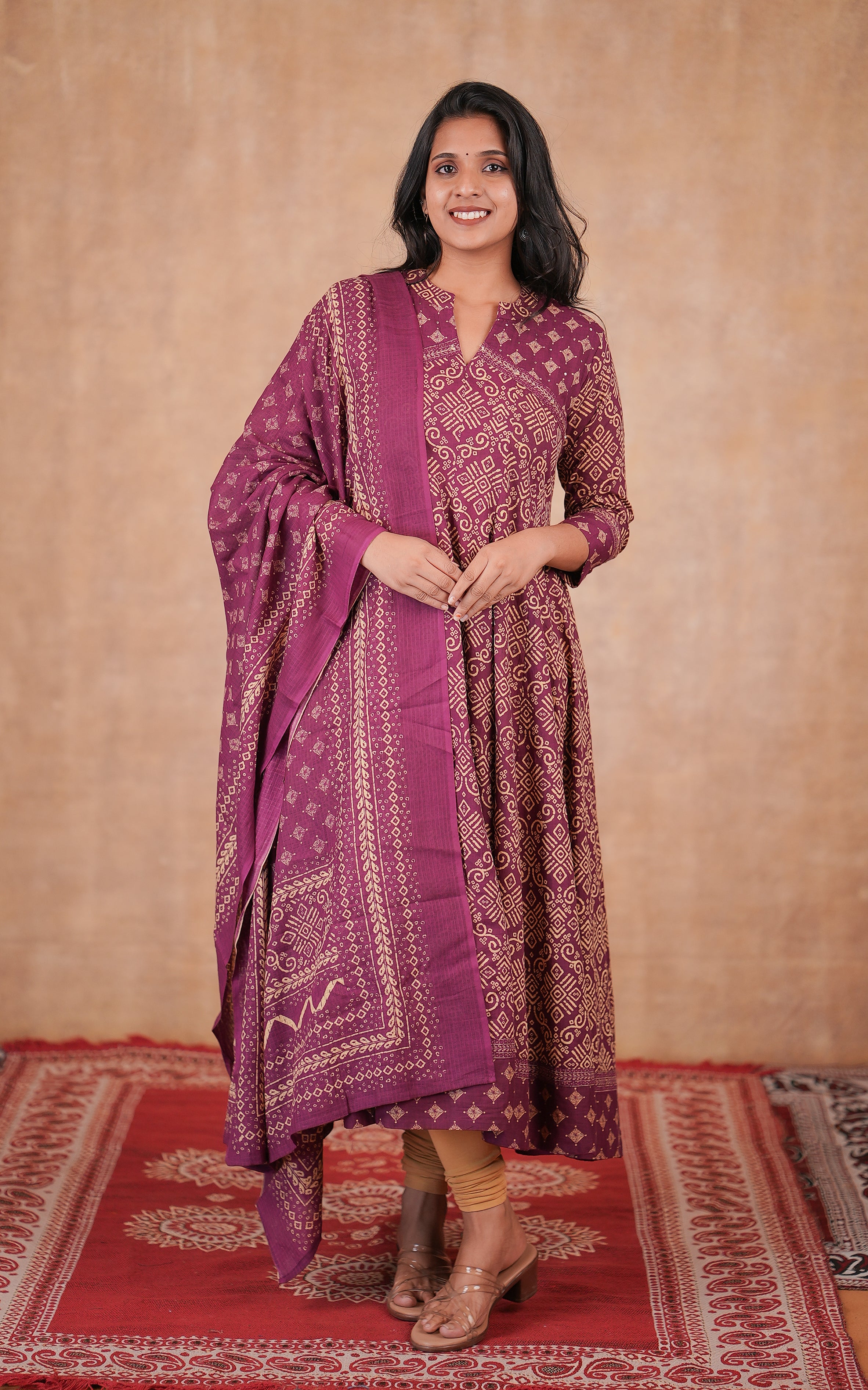 Wine Cotton Anarkali Kurti With Dupatta For Women