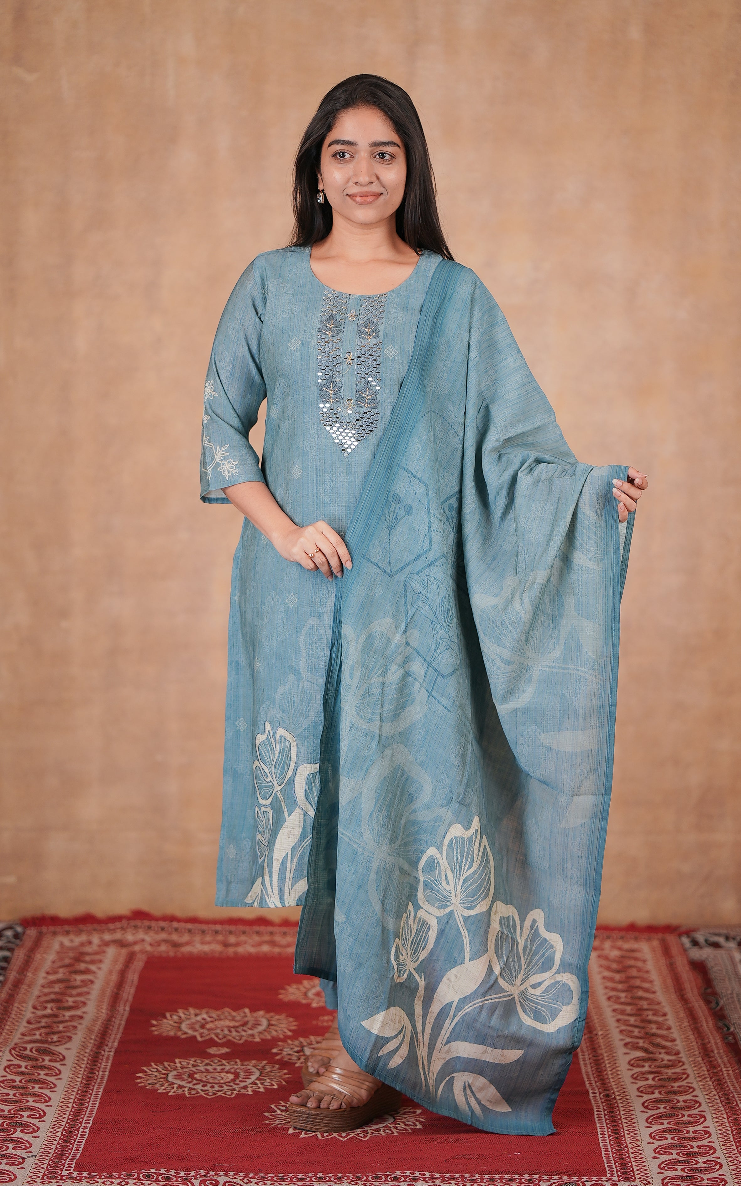 Steel blue art silk straight cut kurti set for women