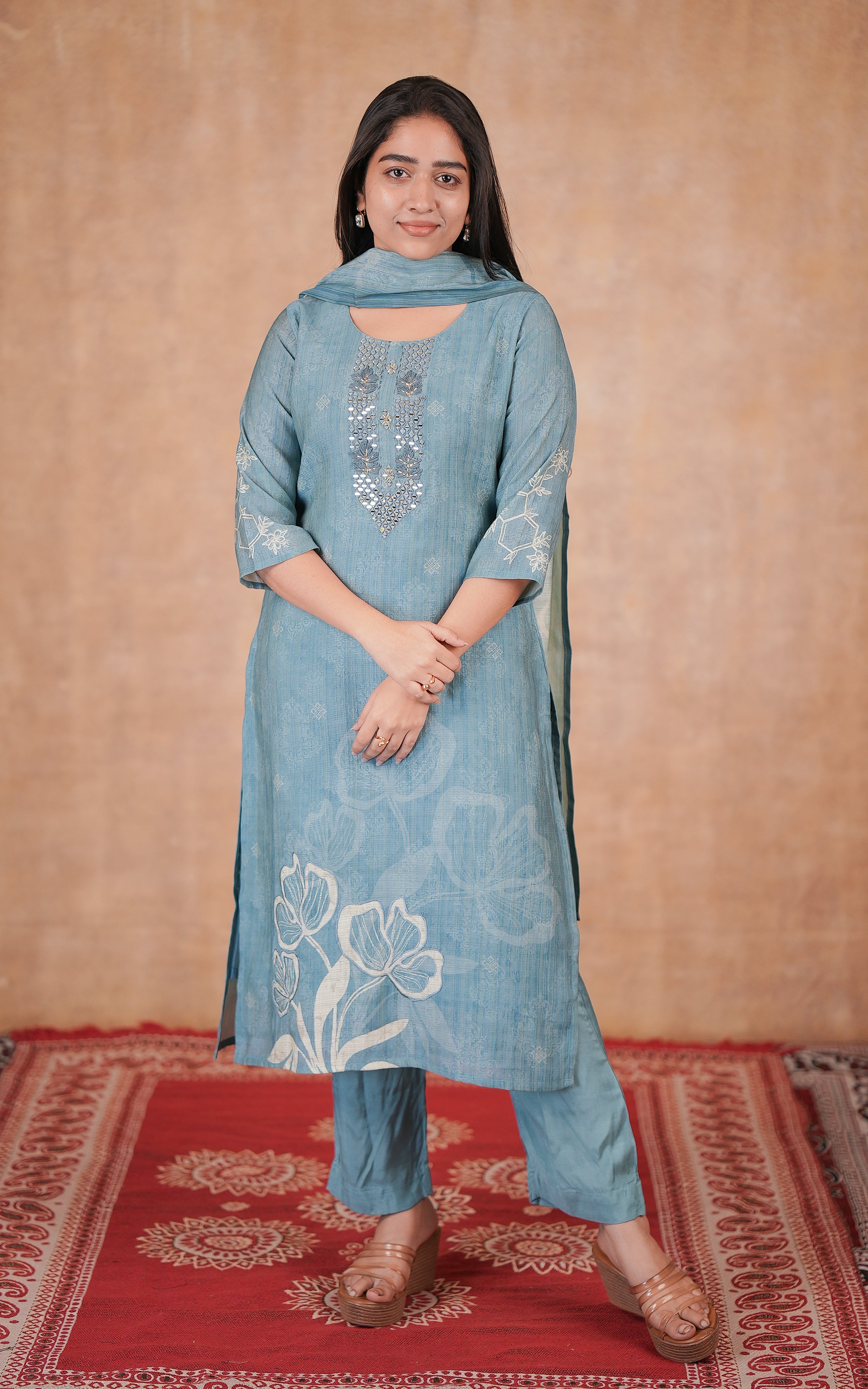 Festive wear steel blue art silk kurti set for women