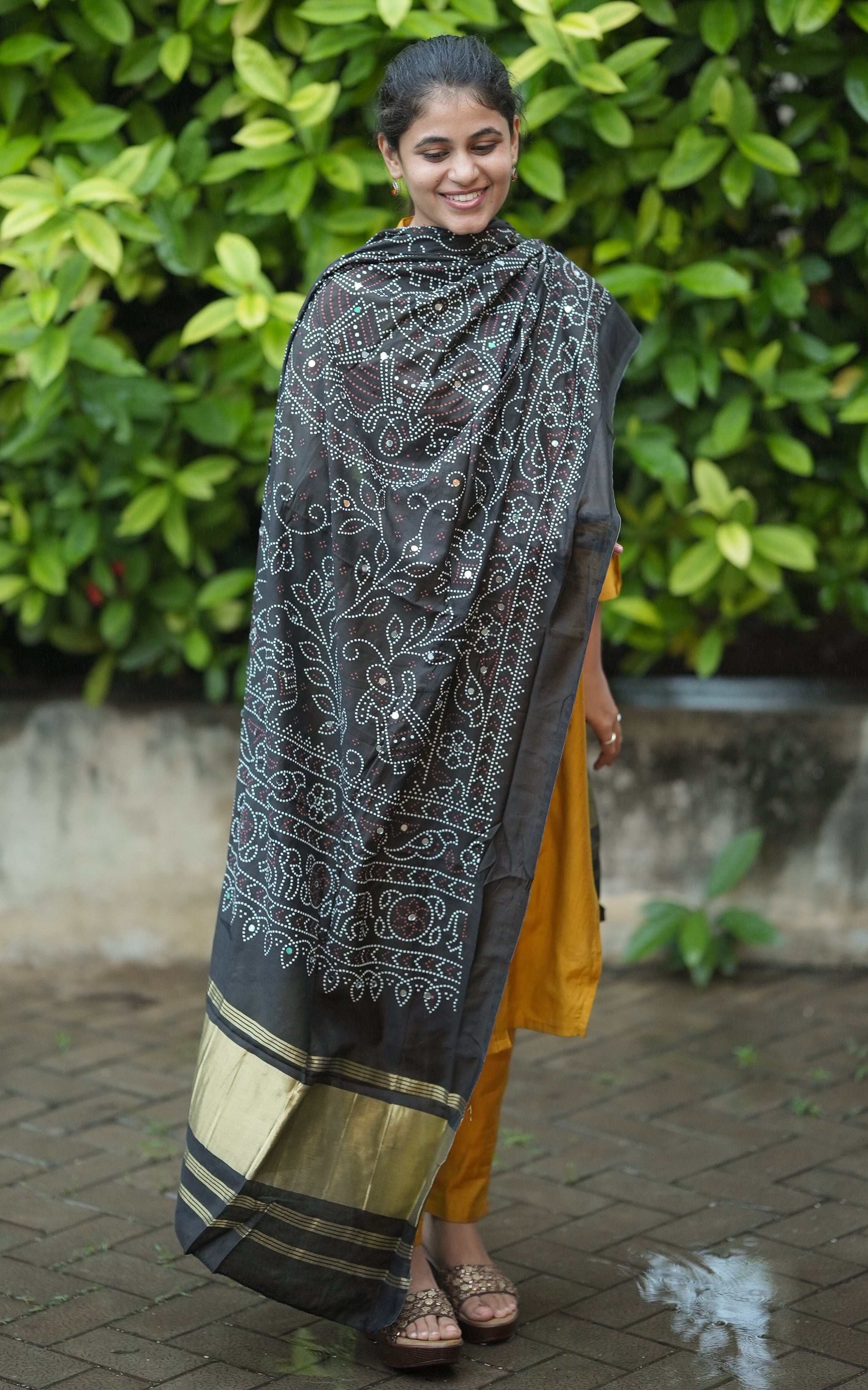 Instore – Black Bandhani Printed Dupatta for Women – Art Silk – Golden Zari Border – Ethnic Wear