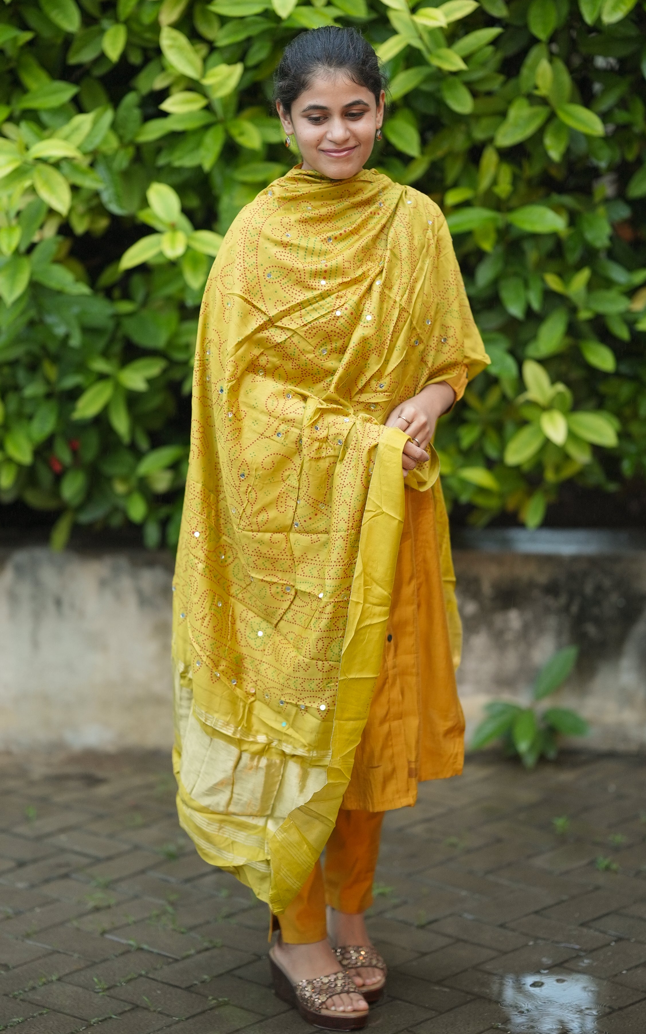 Instore – Mustard Bandhani Printed Dupatta for Women – Art Silk – Golden Zari Border – Ethnic Wear