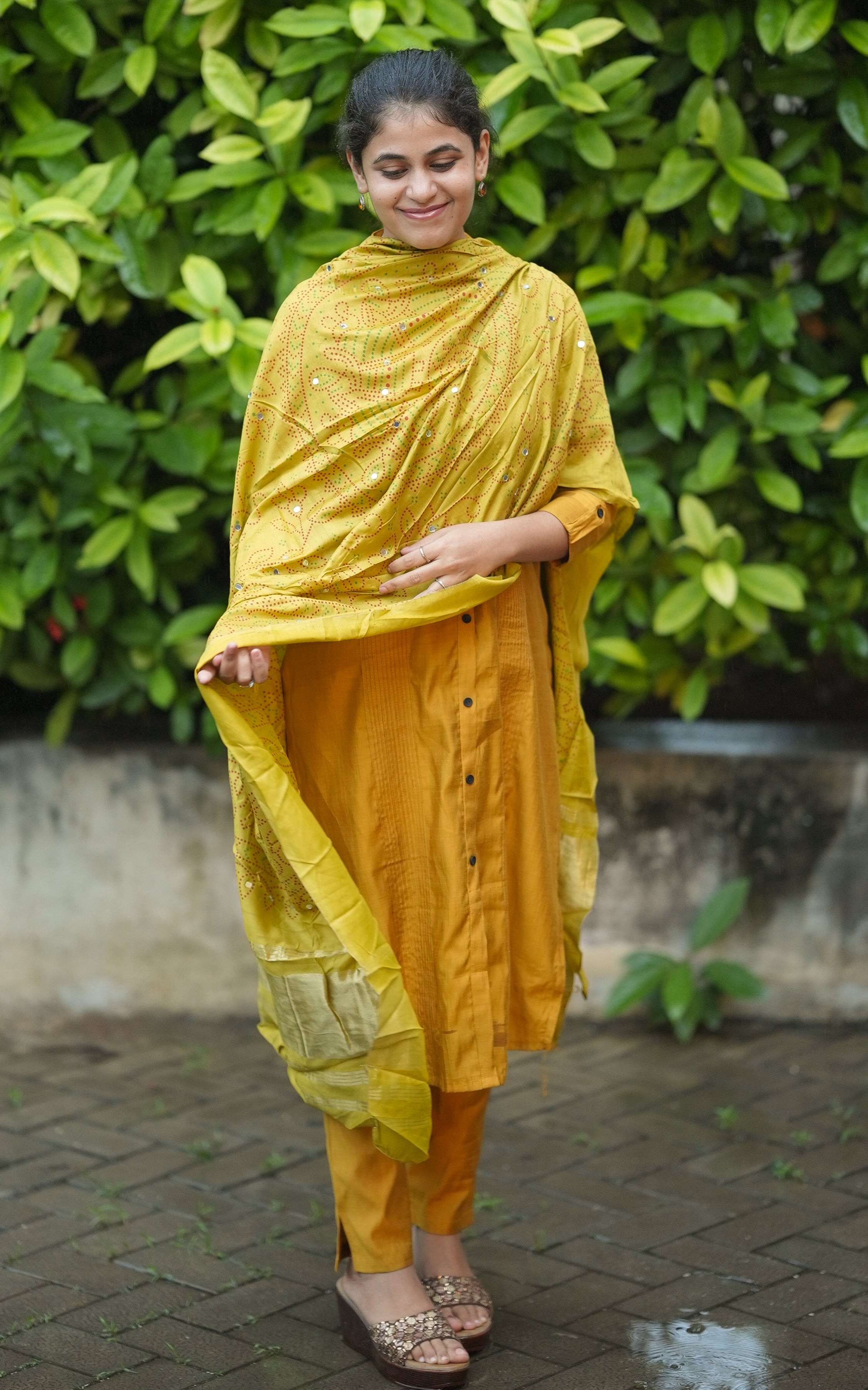 Instore – Mustard Bandhani Printed Dupatta for Women – Art Silk – Golden Zari Border – Ethnic Wear