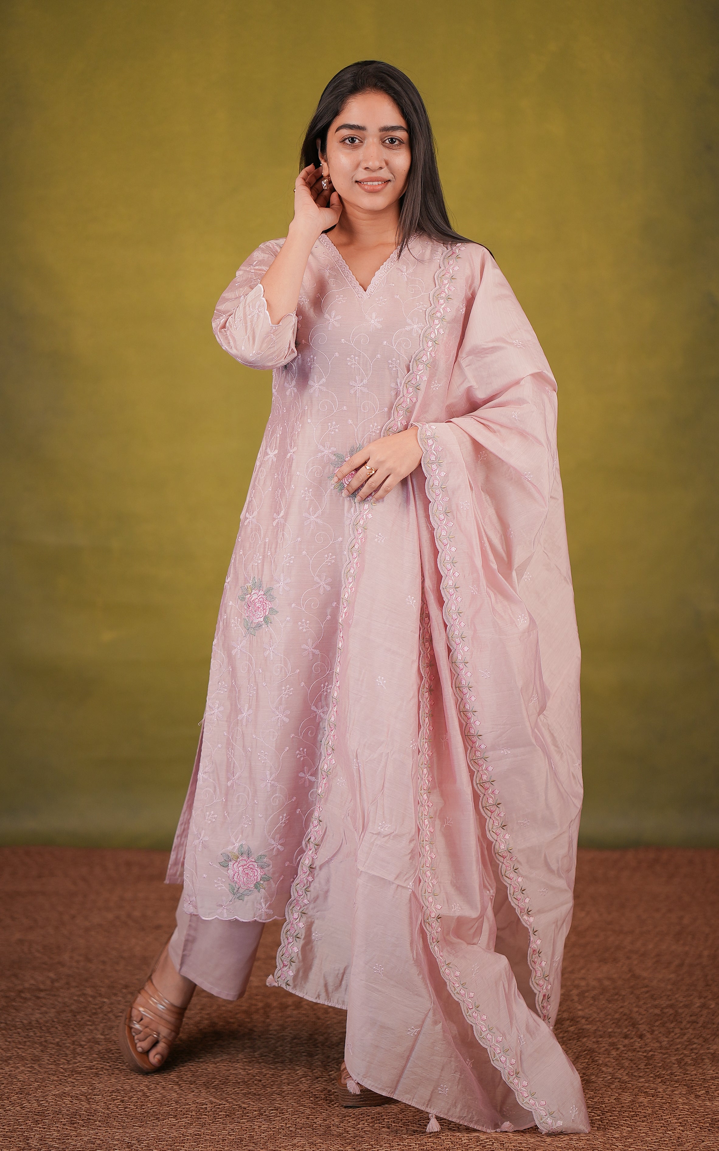 Pastel pink art silk straight cut kurti set for women