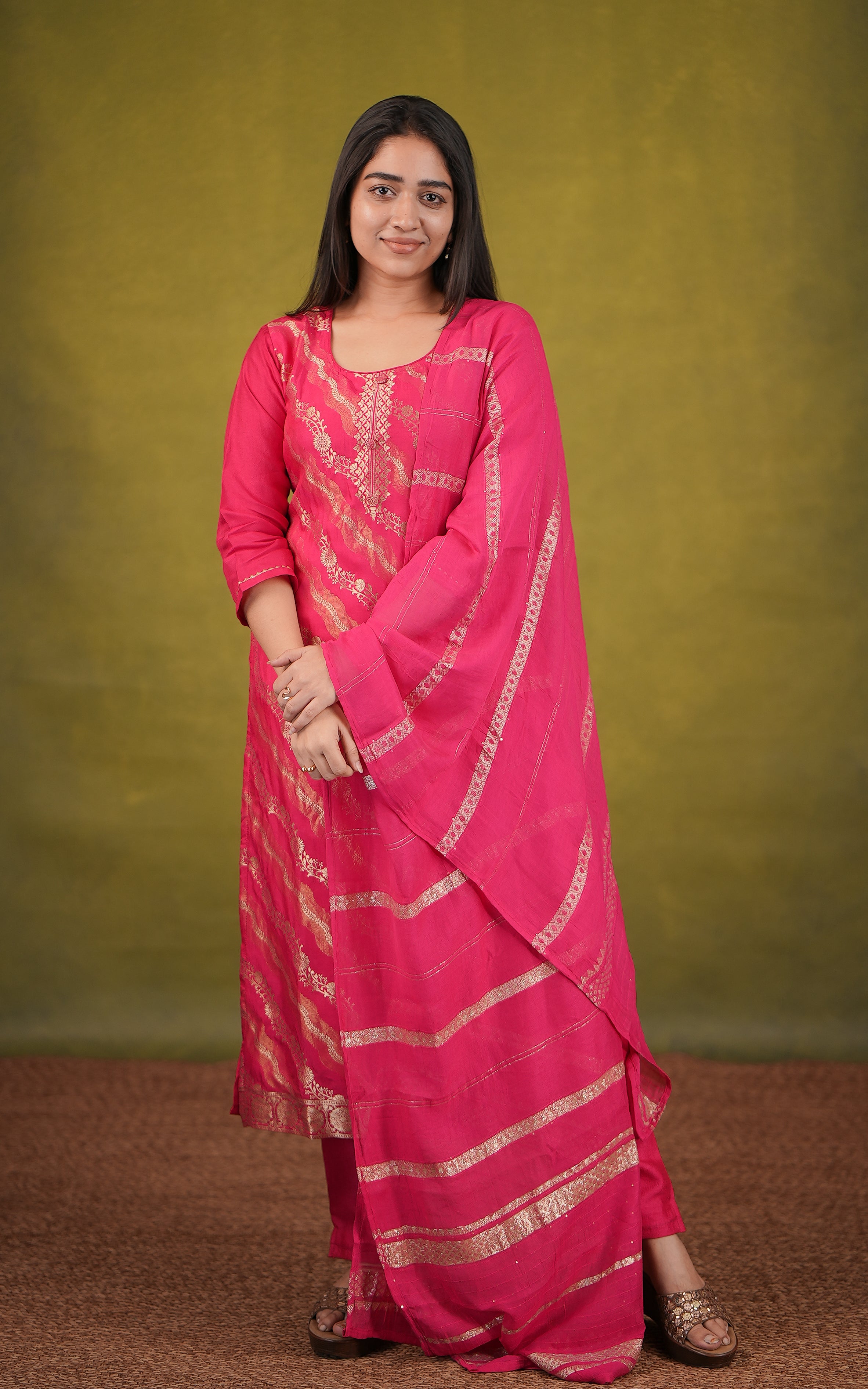 Reddish pink art silk straight cut kurti set for women