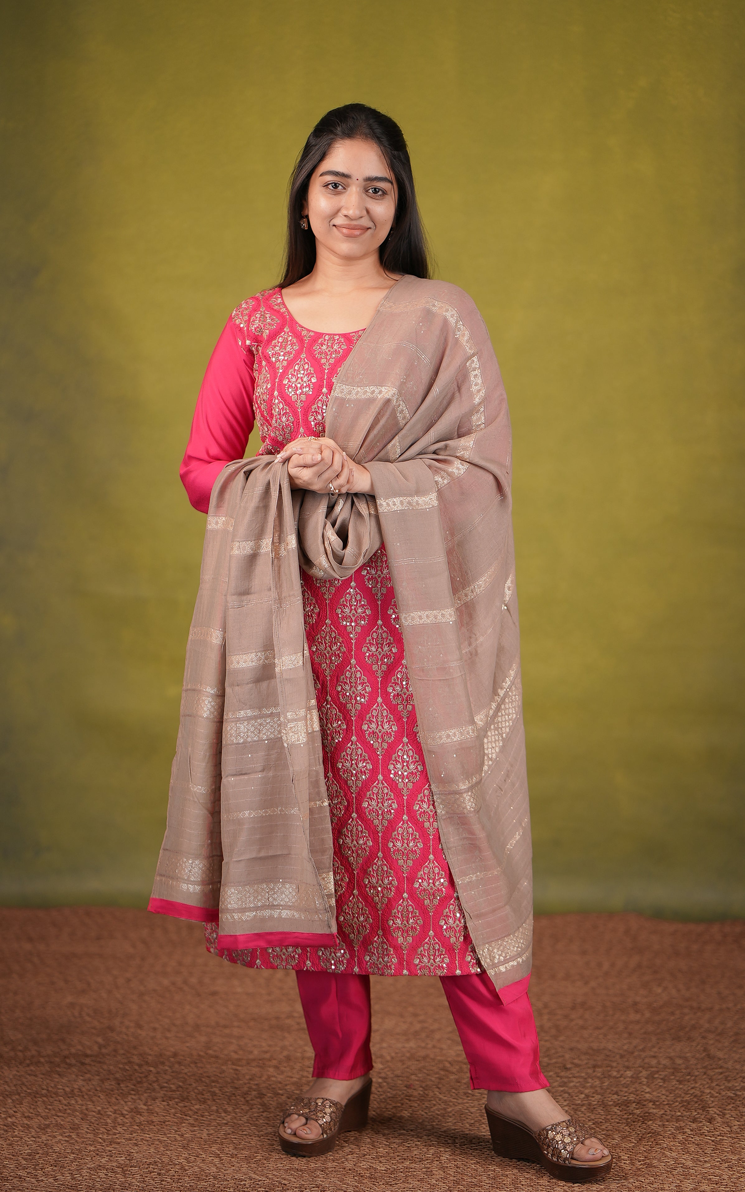 Pink art silk straight cut kurti set for women