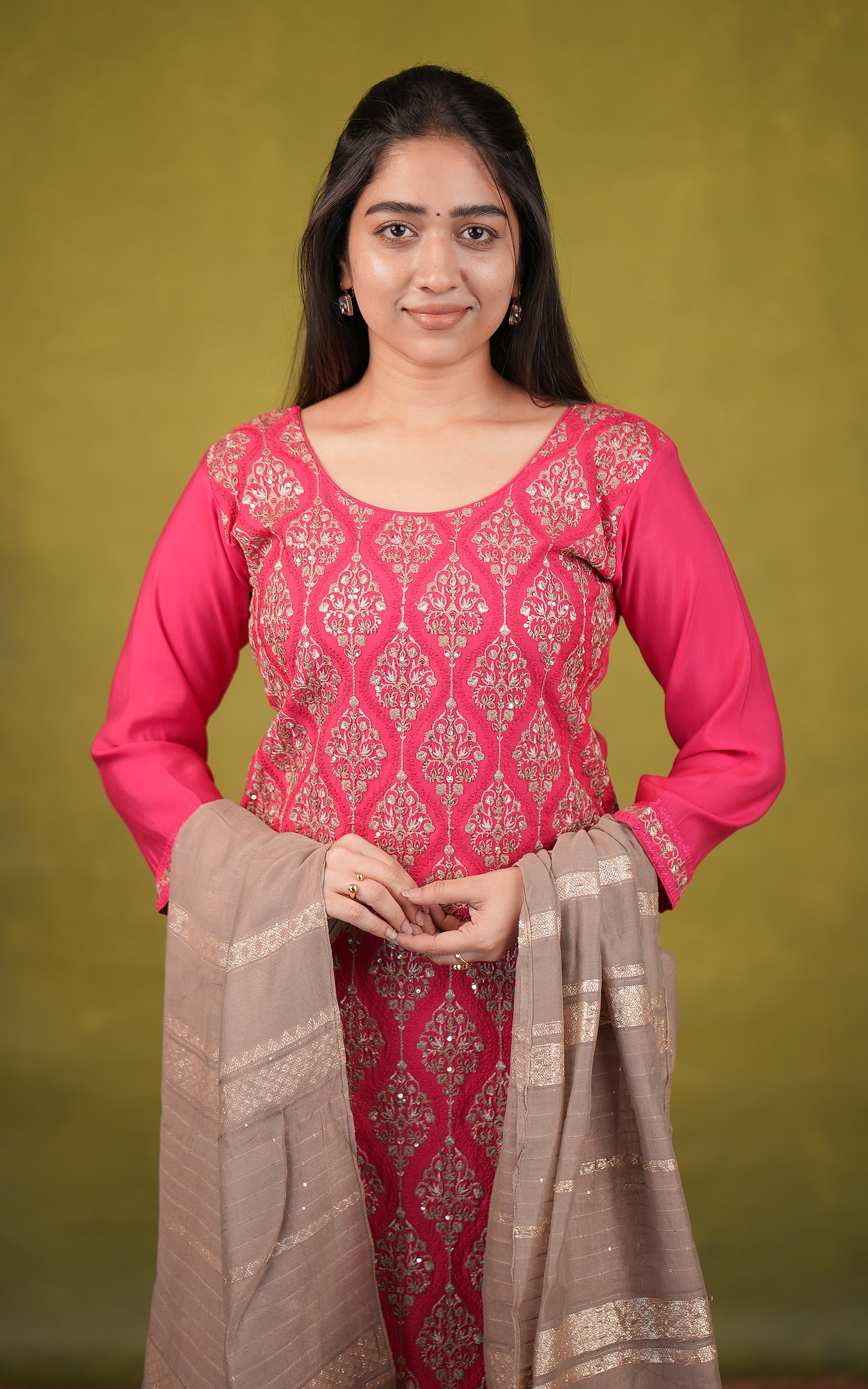 Pink art silk kurti with elastic waist pant for women